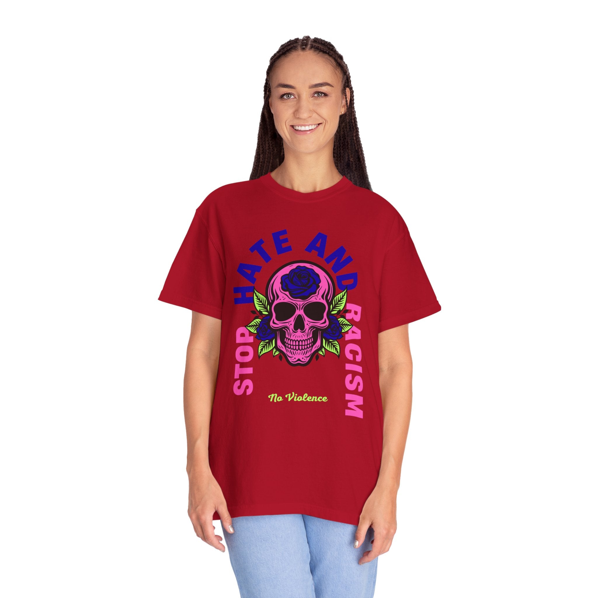 Stop Hate and Racism Skull T-Shirt — Anti-Racism Statement Tee