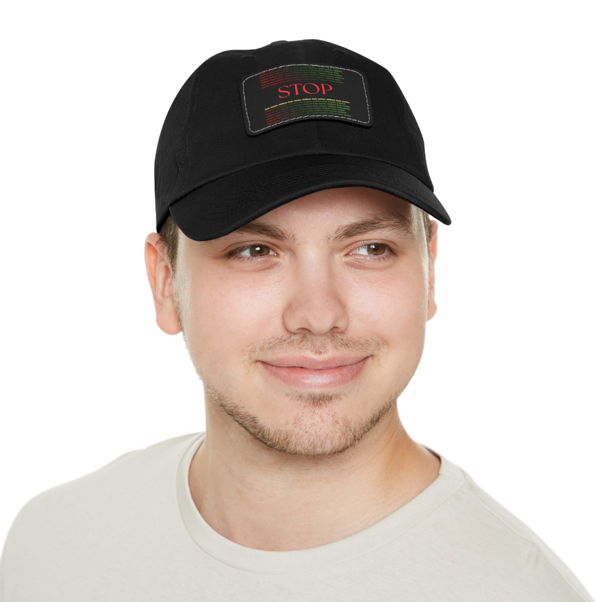 Leather Patch Dad Hat — 'STOP' Embossed Casual Baseball Cap