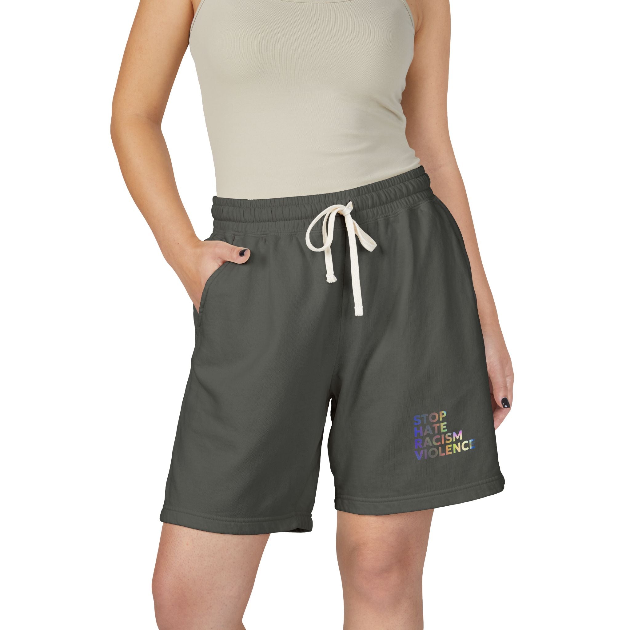 Stop Hate Shorts — Lightweight Fleece Sweat Shorts with "Stop Hate Racism and Violence" Print