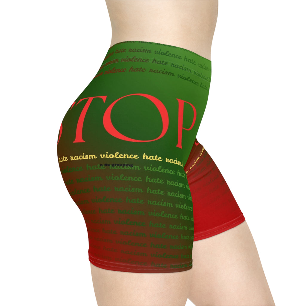 Stop Hate Biker Shorts — Anti-Racism Green & Red AOP Activewear