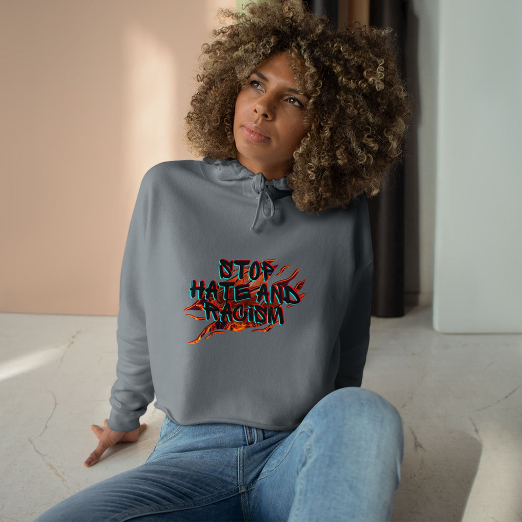 Crop Hoodie — “Stop Hating, Start Living” Flame Graphic Cropped Hoodie