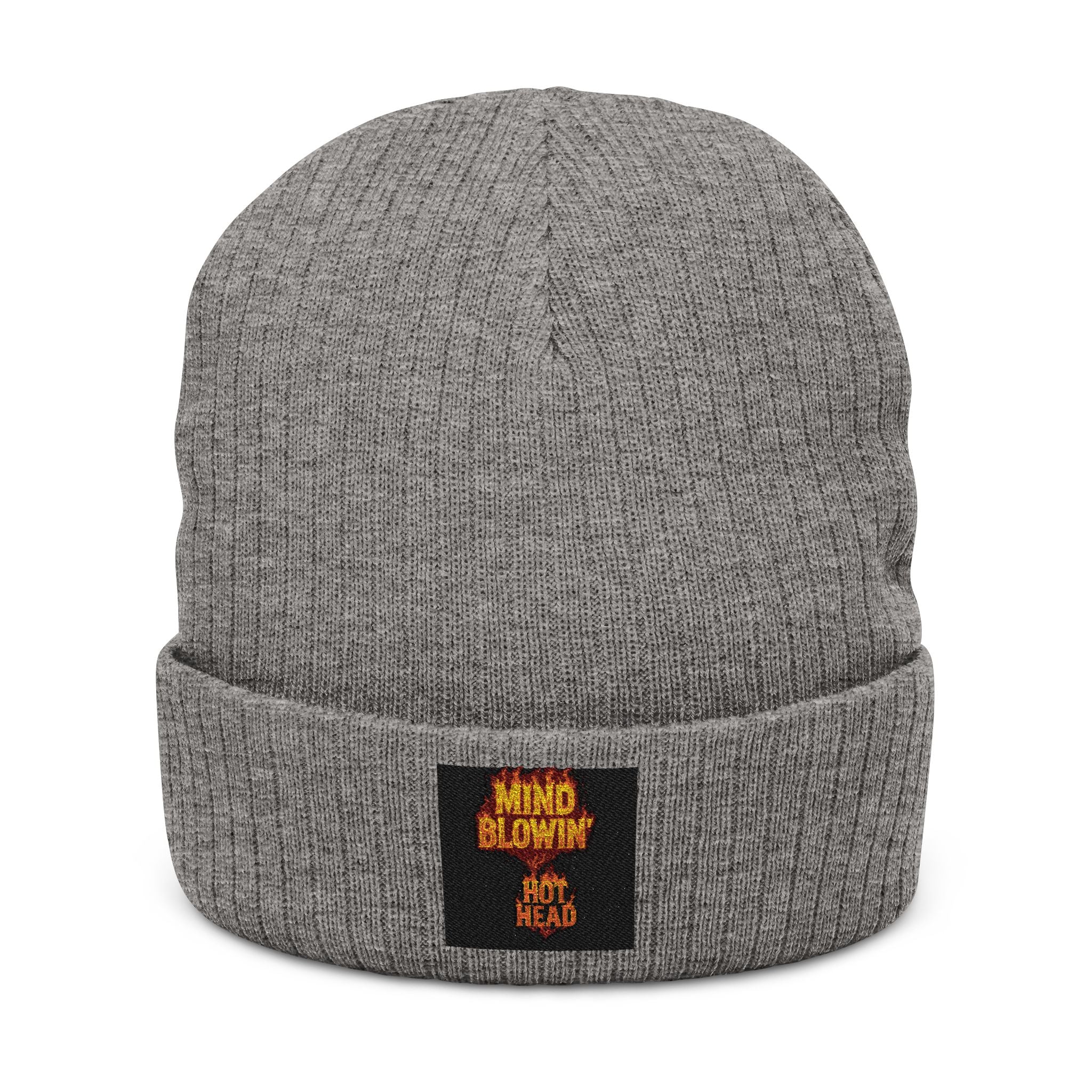 Embroidered 'Mind Blown' Flame Beanie — Ribbed Knit Winter Hat