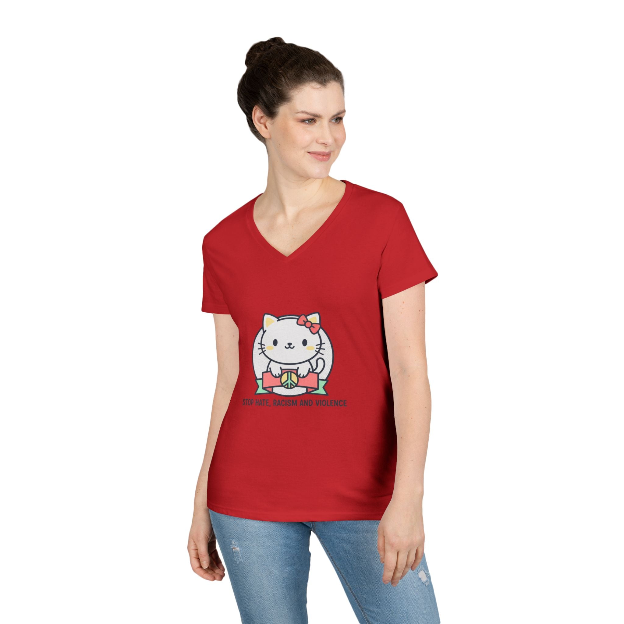Stop Hate Kitty V-Neck Tee — Cute Anti-Racism Message Shirt