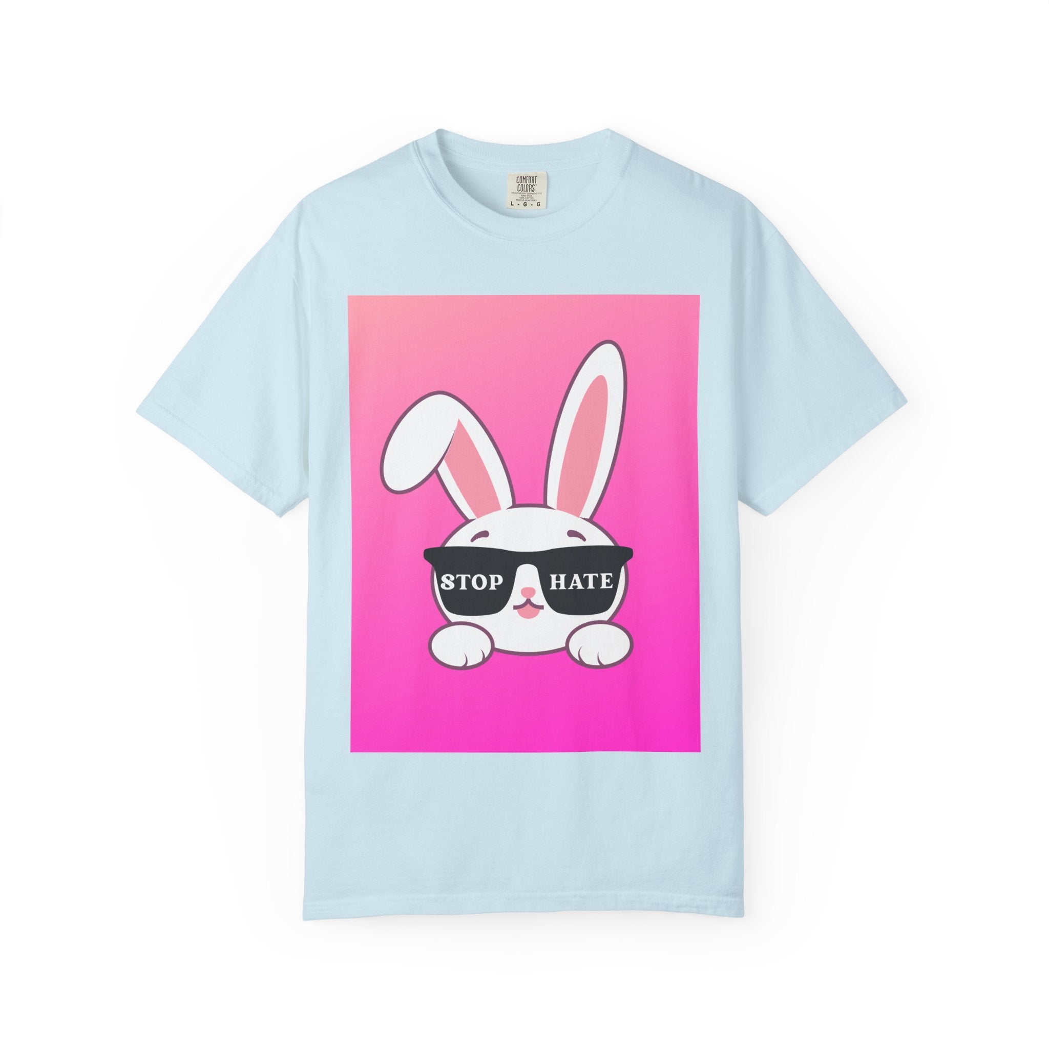 Stop Hate Bunny T‑Shirt — Pink Gradient Anti‑Hate Tee