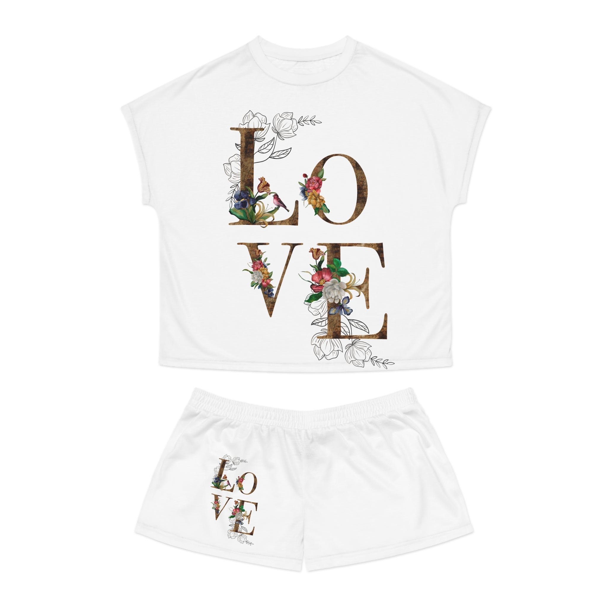 Women's Floral 'LOVE' Short Pajama Set - Cozy Romantic Sleepwear