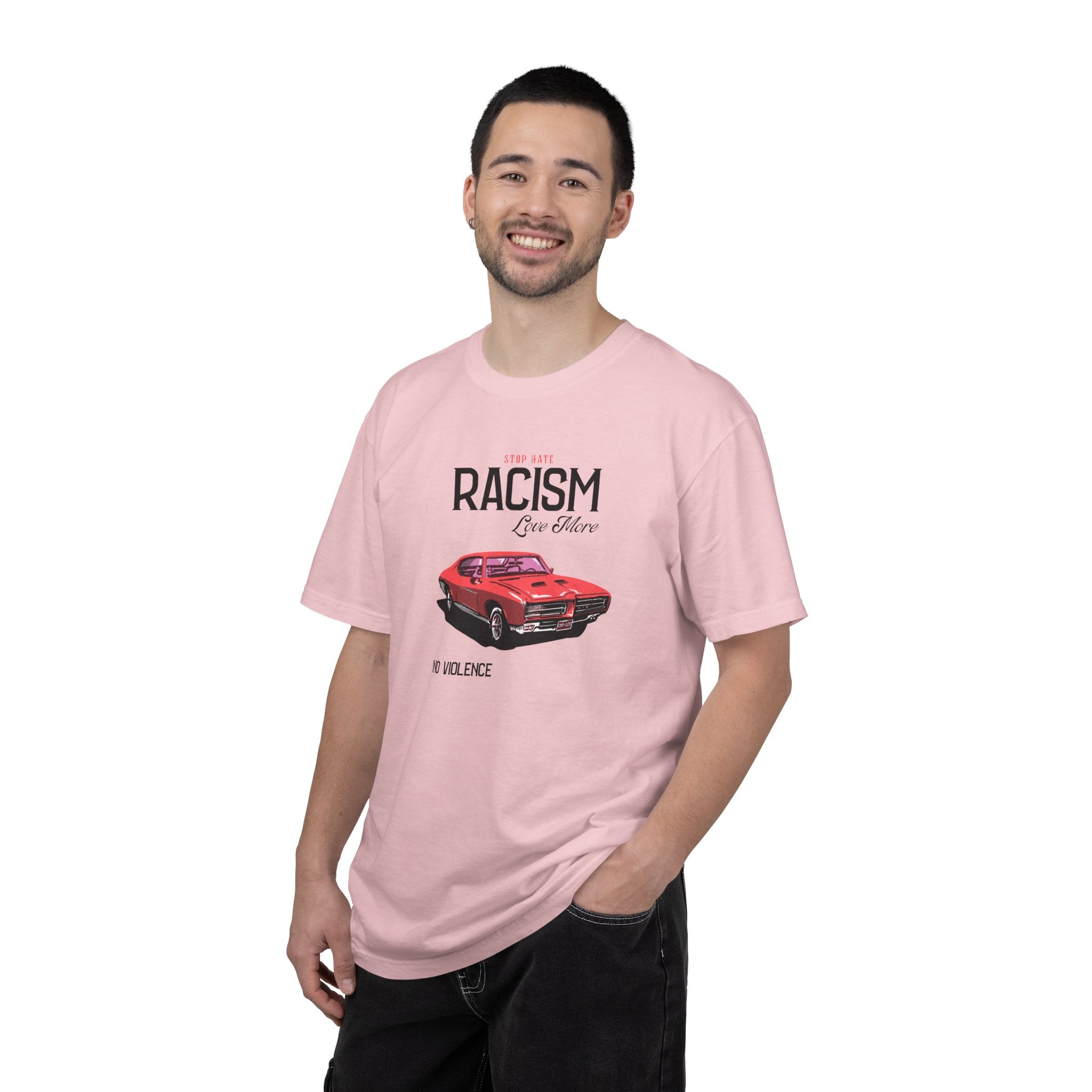 Anti-Racism Graphic T-Shirt — “Stop Hate, Racism, Love More” with Vintage Red Muscle Car