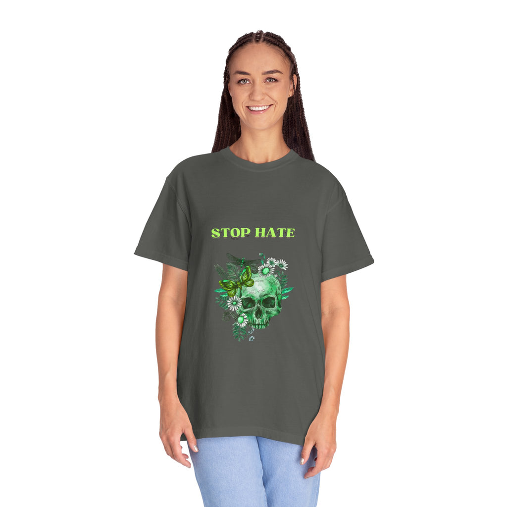 Stop Hate Skull T-Shirt — Green Floral Skull Graphic Tee