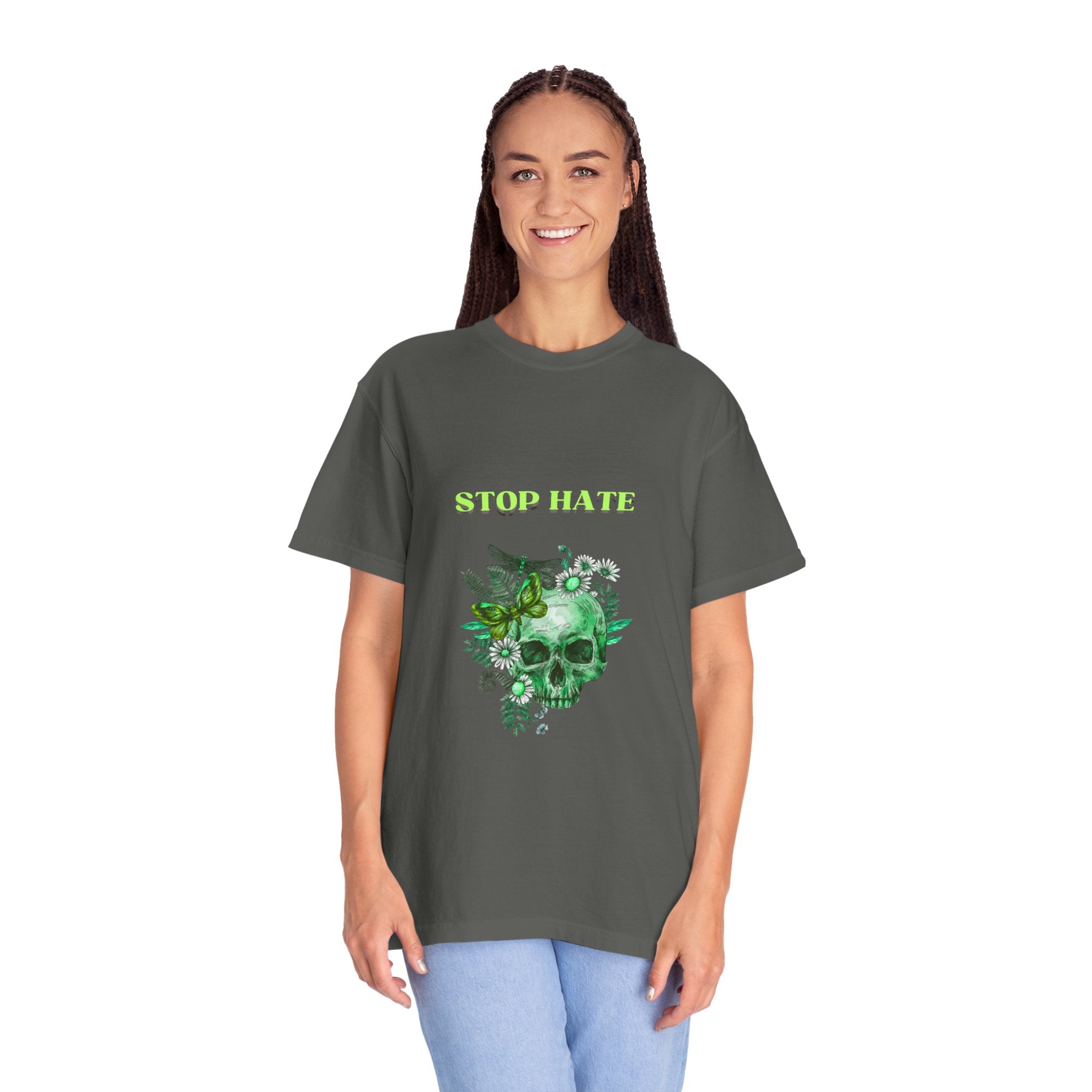 Stop Hate Skull T-Shirt — Green Floral Skull Graphic Tee
