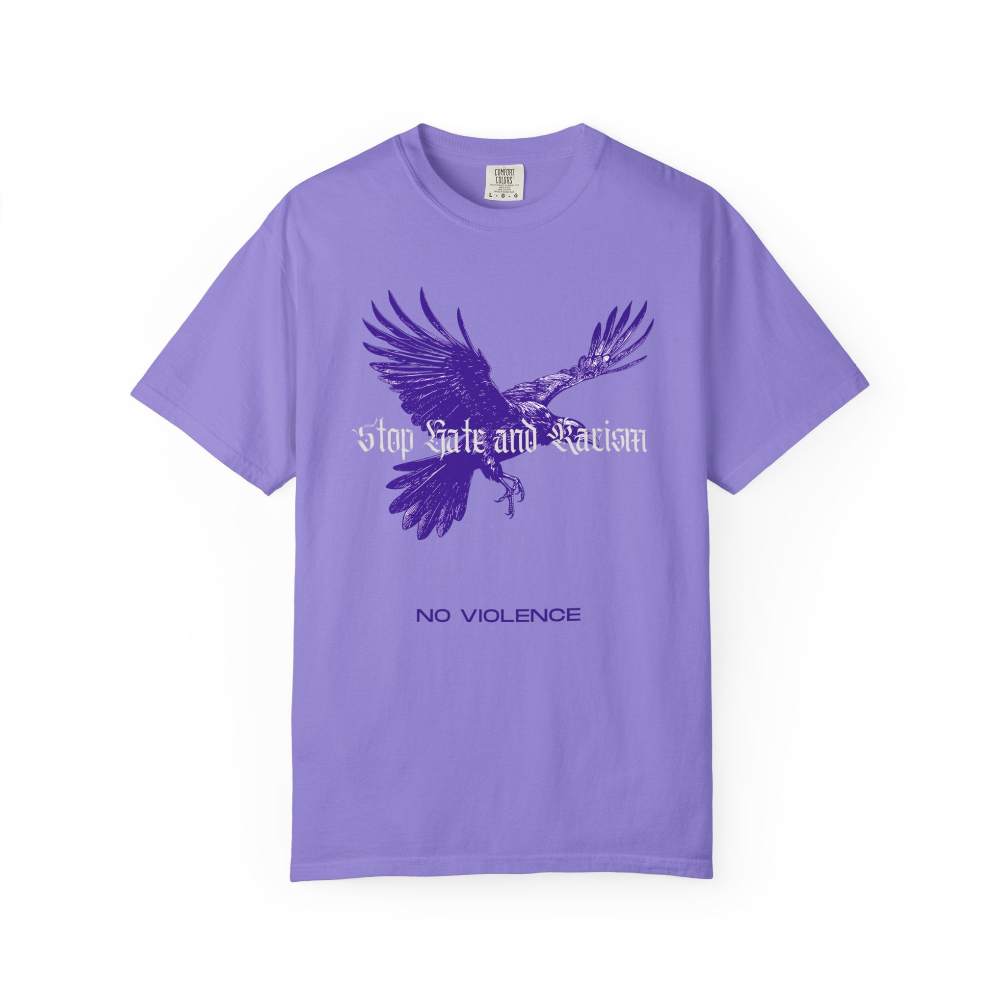 No Violence Raven T-Shirt — Purple Flying Crow Graphic Tee