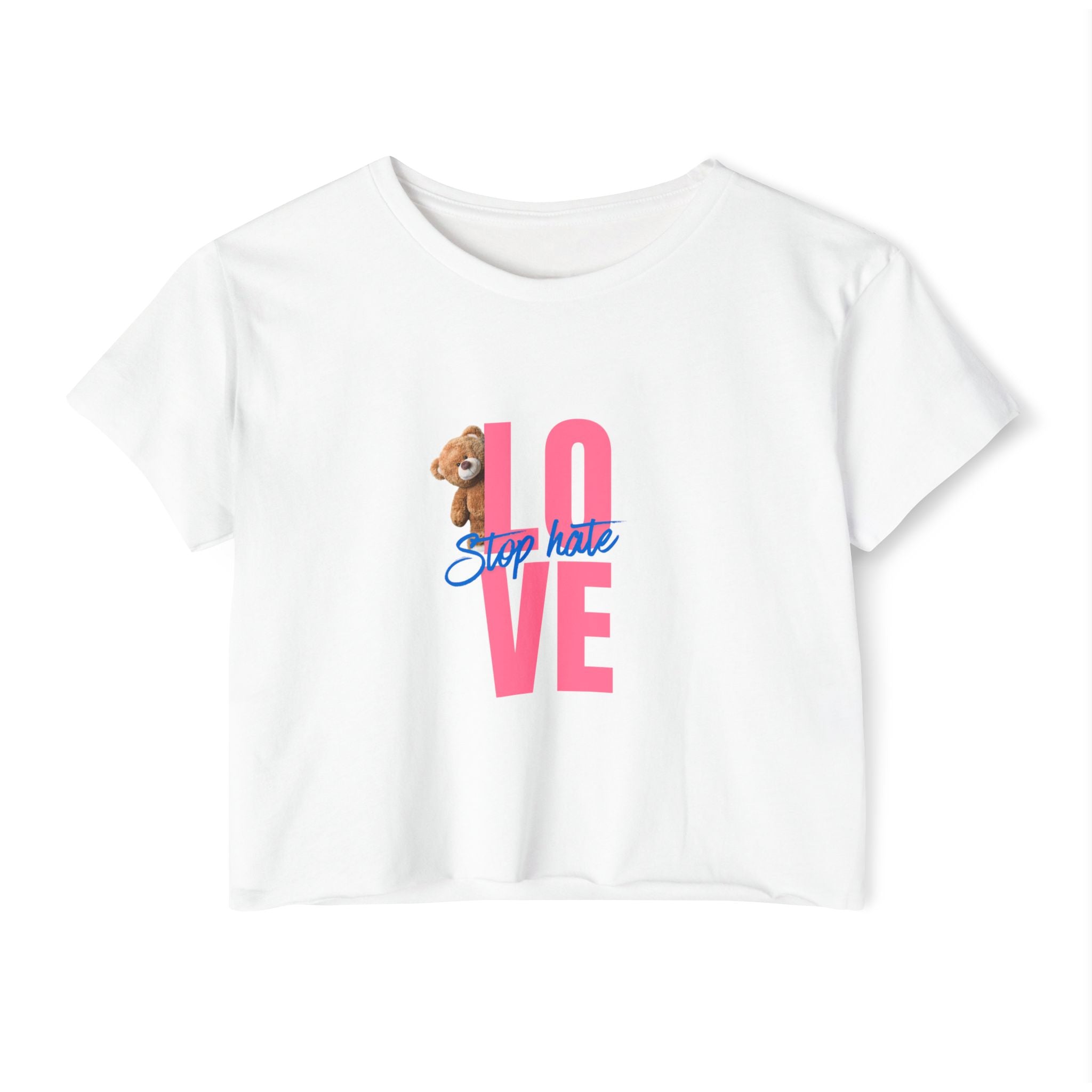 LOVE Festival Crop Top — 'Stop Hate' Pink Teddy Graphic
