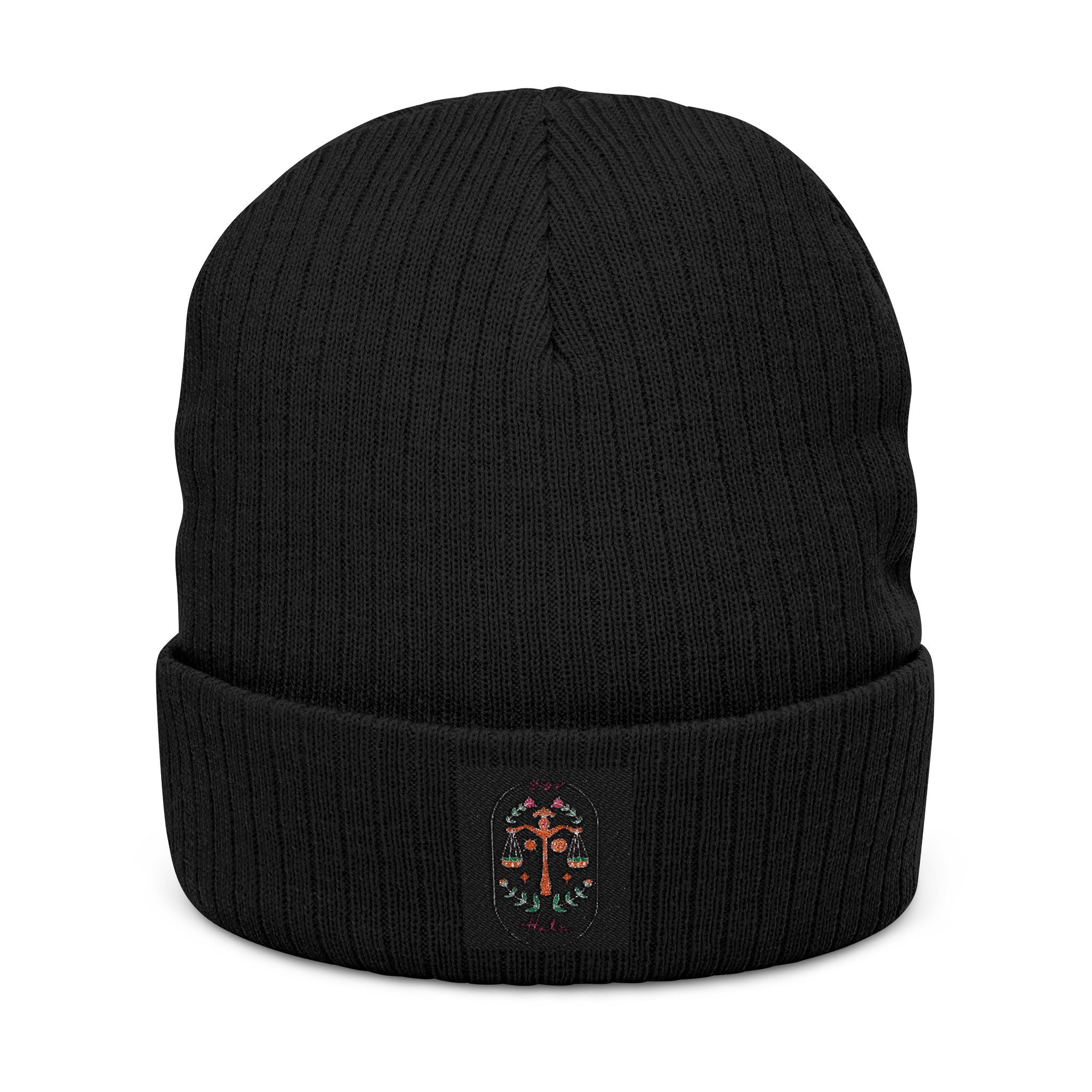 Embroidered Floral Cross Ribbed Knit Beanie - Cozy Gothic Winter Hat