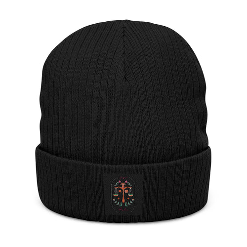 Embroidered Floral Cross Ribbed Knit Beanie - Cozy Gothic Winter Hat