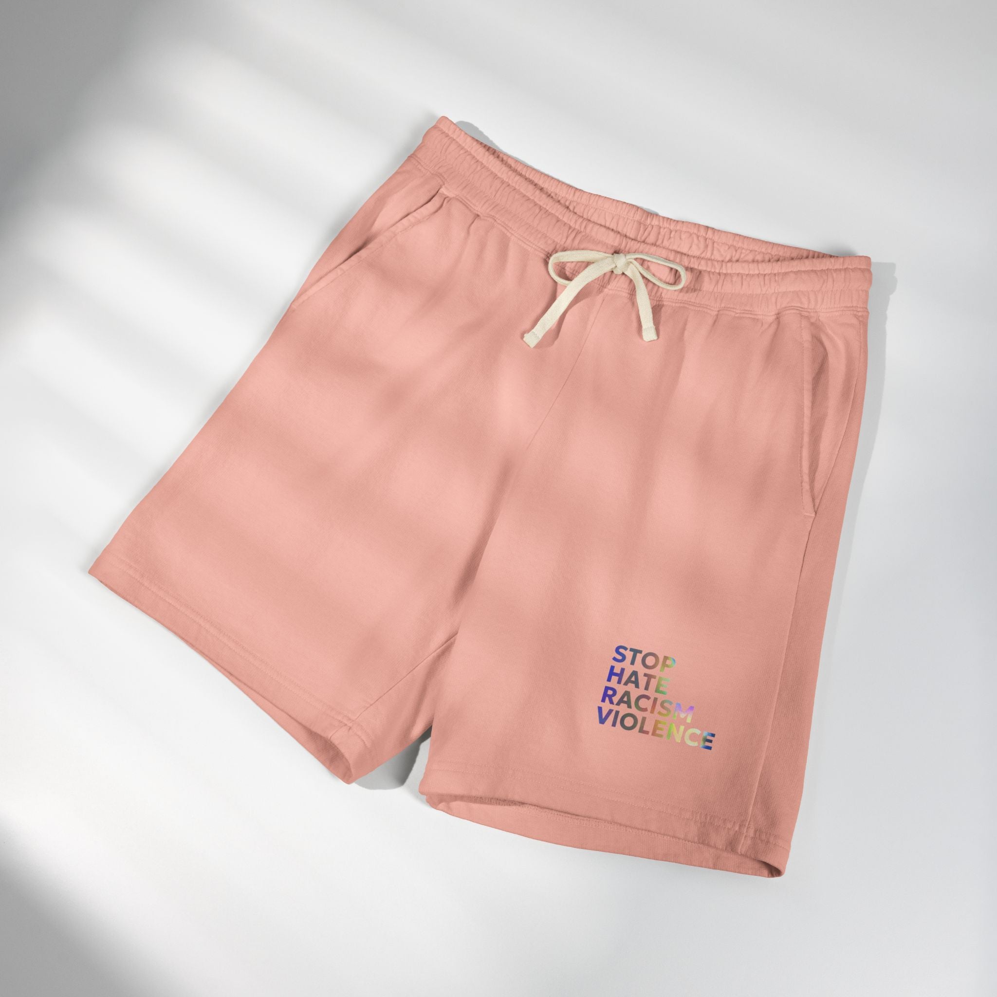 Stop Hate Shorts — Lightweight Fleece Sweat Shorts with "Stop Hate Racism and Violence" Print
