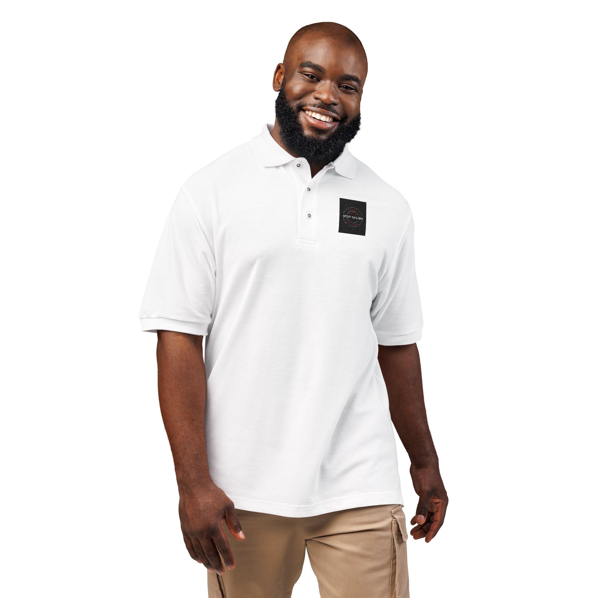 Embroidered 'Just Breathe' White Polo Shirt