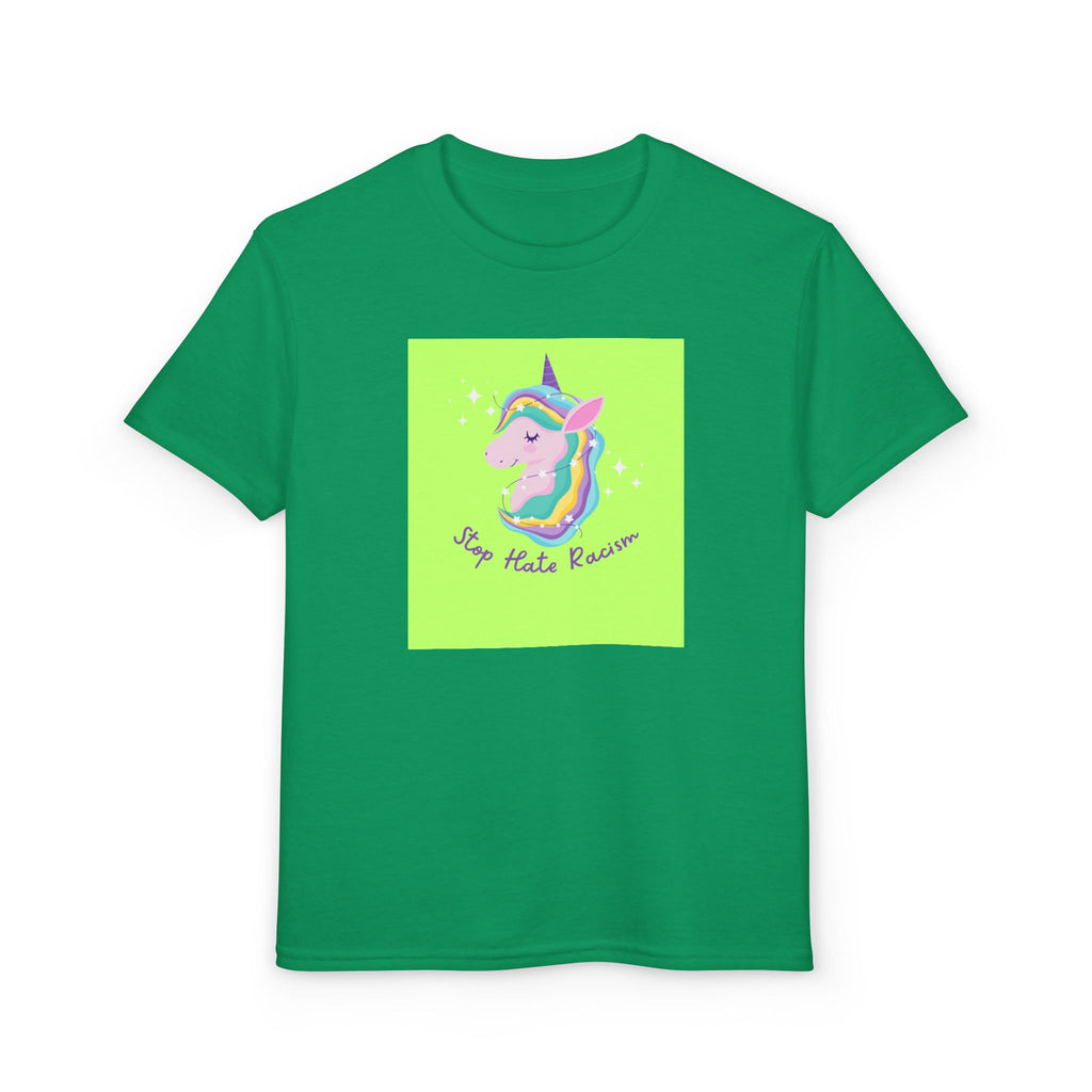 Youth T-Shirt — Rainbow Unicorn “Stop Hate Racism” Graphic