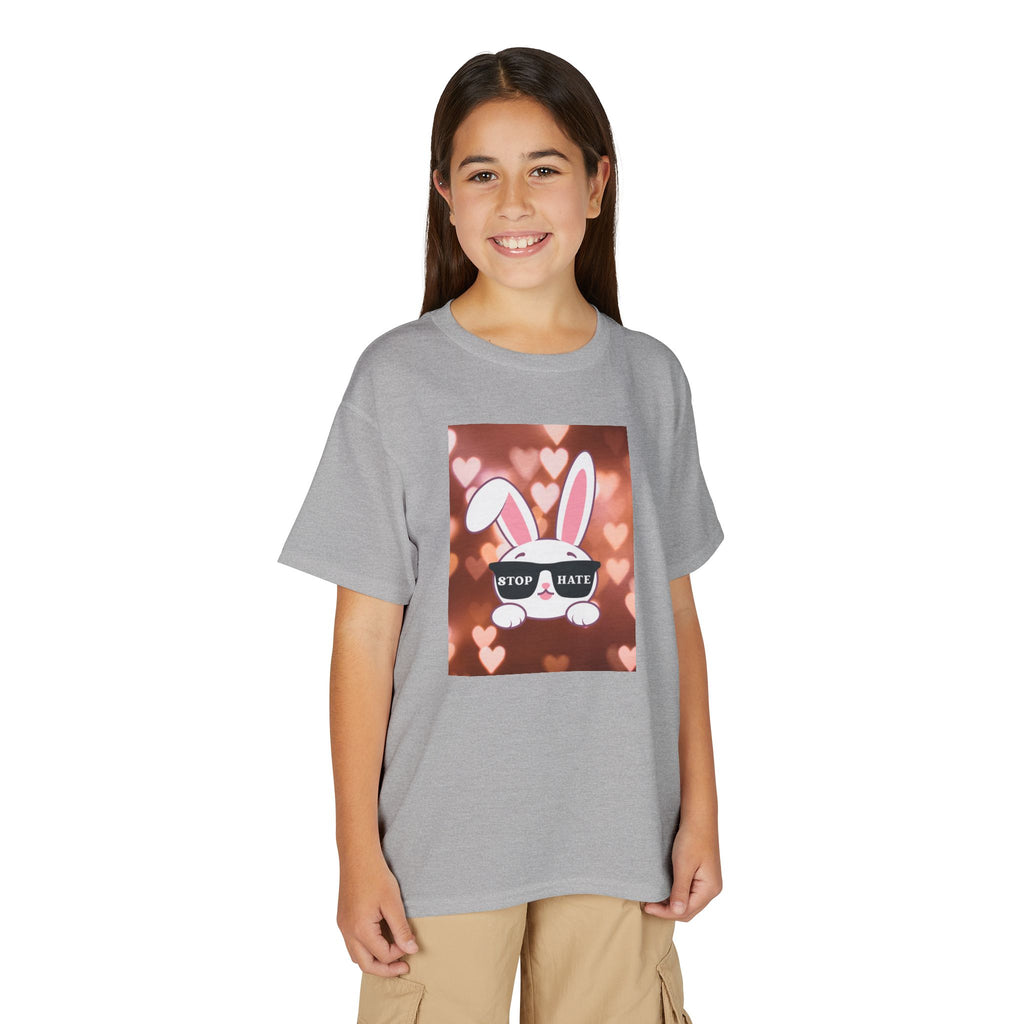 Youth T-Shirt — Cute Bunny with 'Stop the Hate' Sunglasses | Kids Anti-Bullying Tee