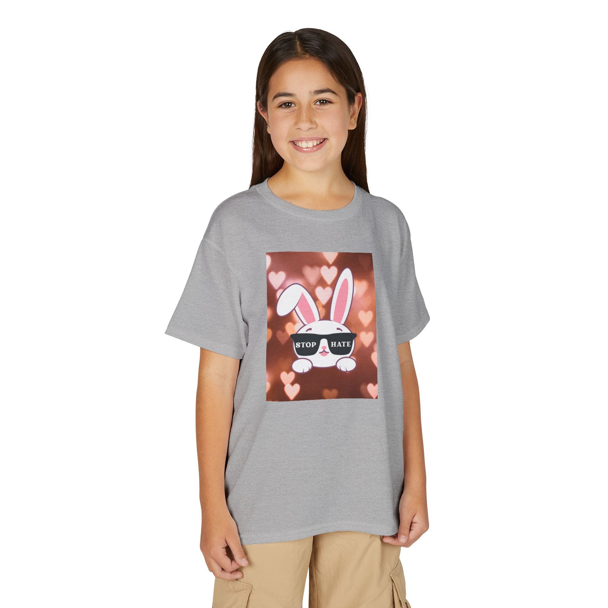 Youth T-Shirt — Cute Bunny with 'Stop the Hate' Sunglasses | Kids Anti-Bullying Tee