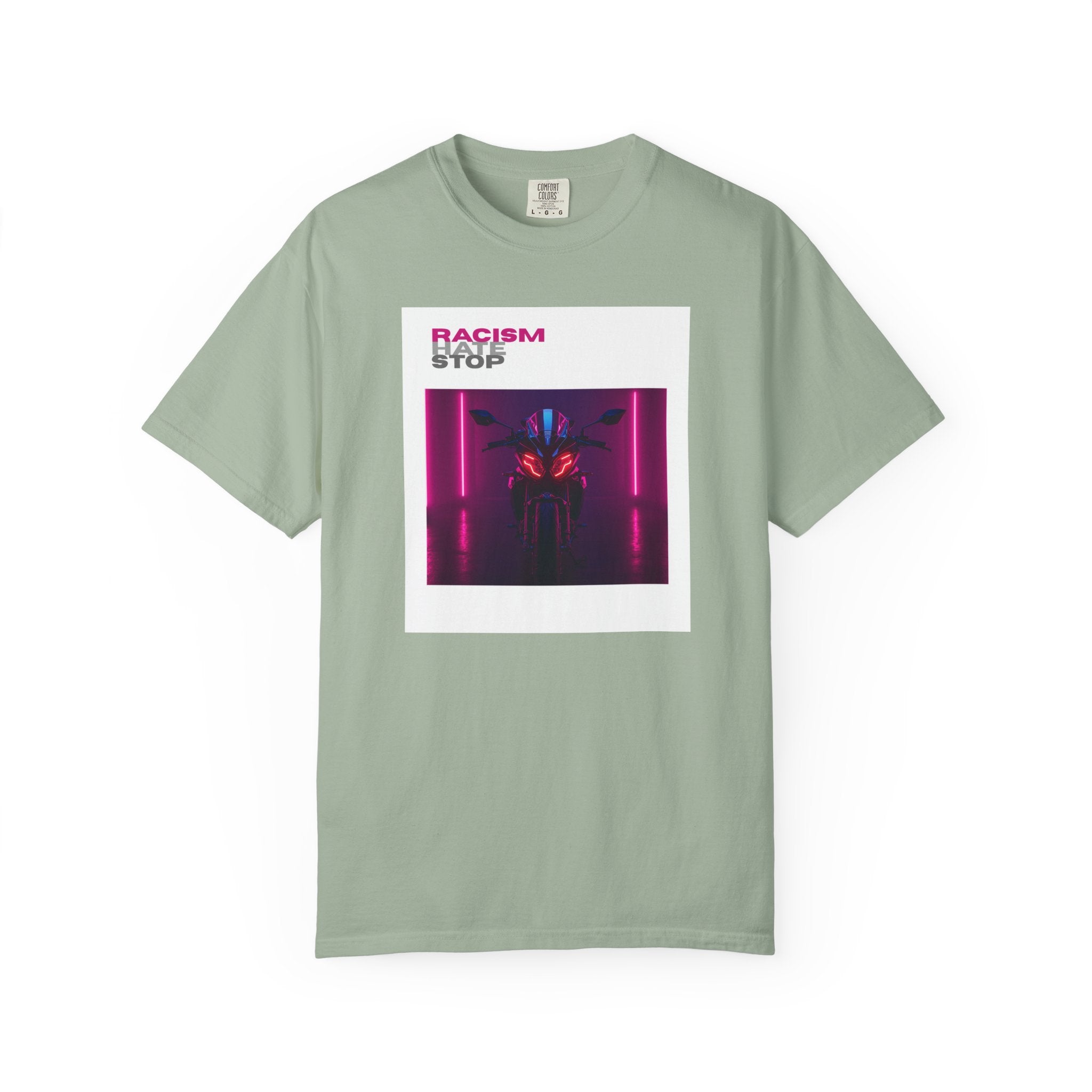 Anti-Racism Graphic T-Shirt — “Racism Stop” Neon Robot Design