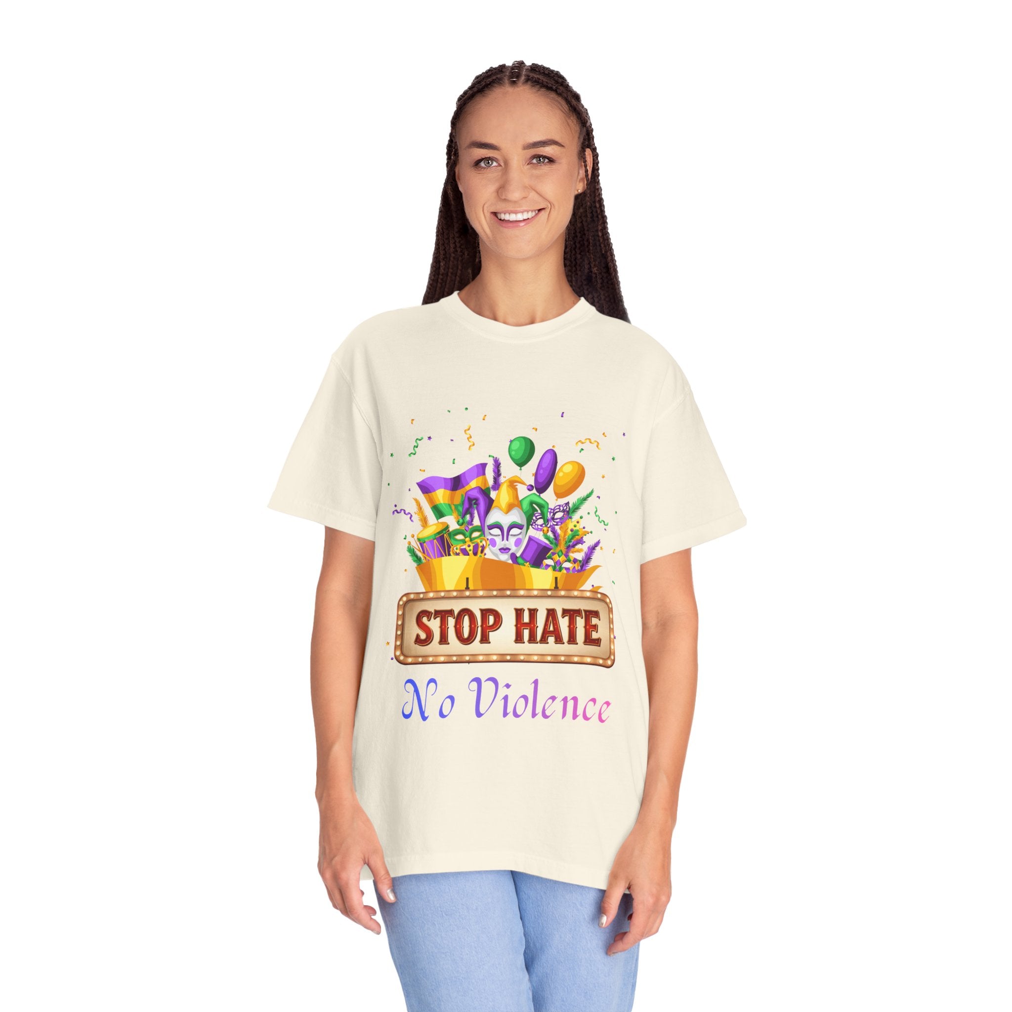 T-Shirt — "Stop Hate, No Violence" Mardi Gras Parade Design