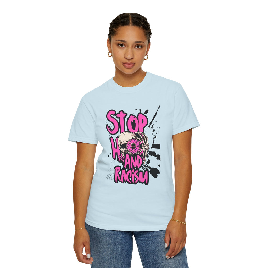 Stop H8 and Racism Graphic Tee — Anti-Racism Skull Donut Protest T-Shirt