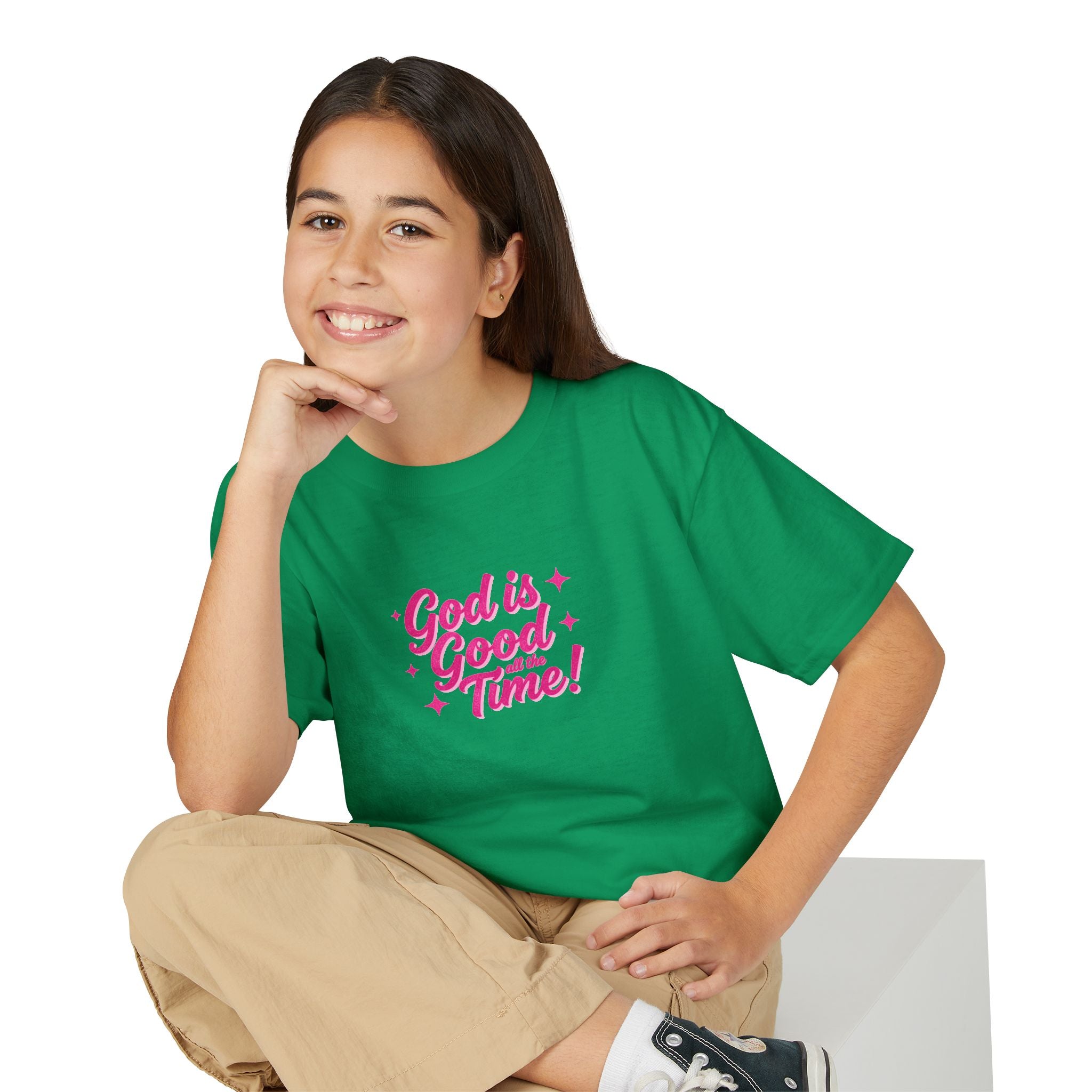 Youth T-Shirt — "God Is Good Time!" Pink Script Faith Tee