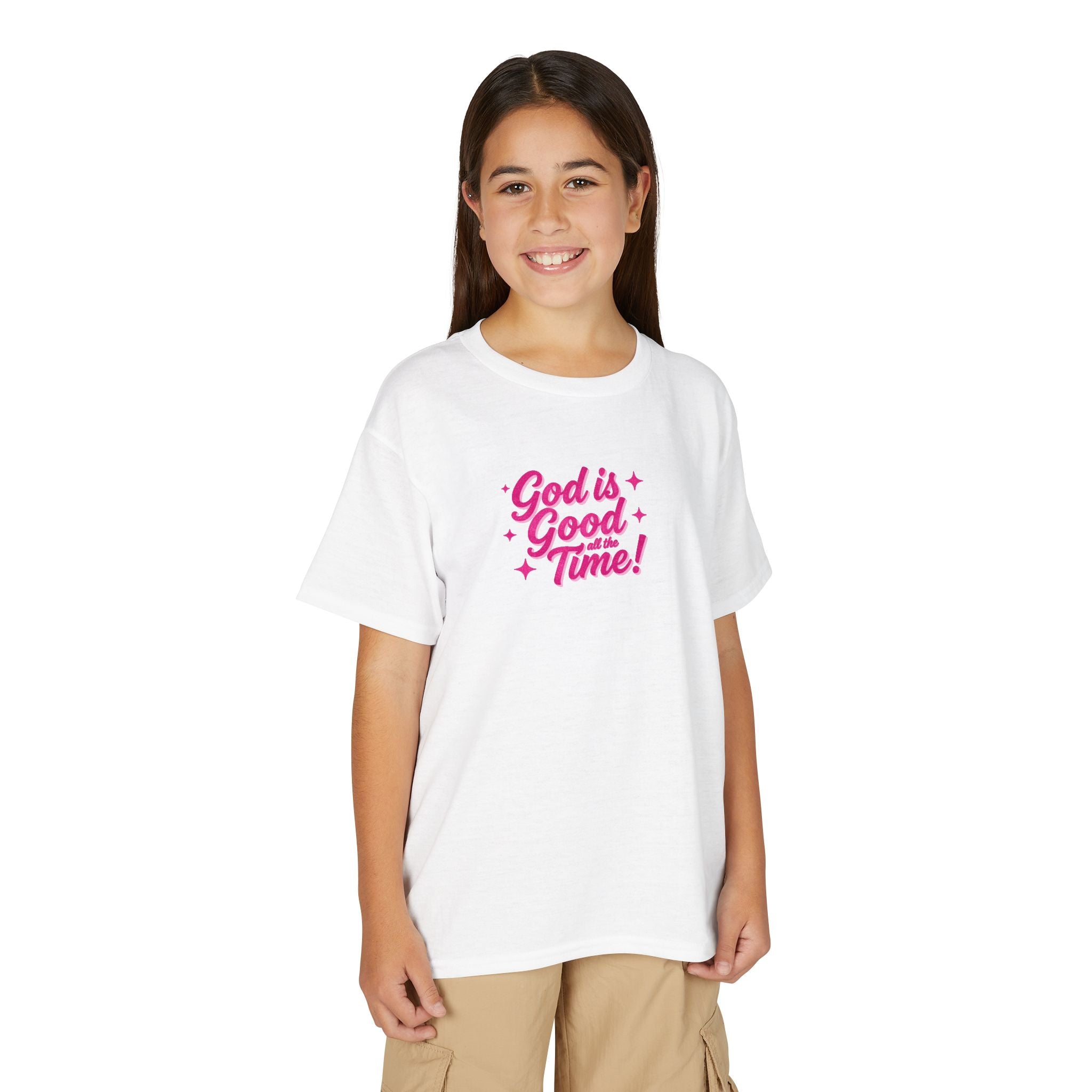 Youth T-Shirt — "God Is Good Time!" Pink Script Faith Tee