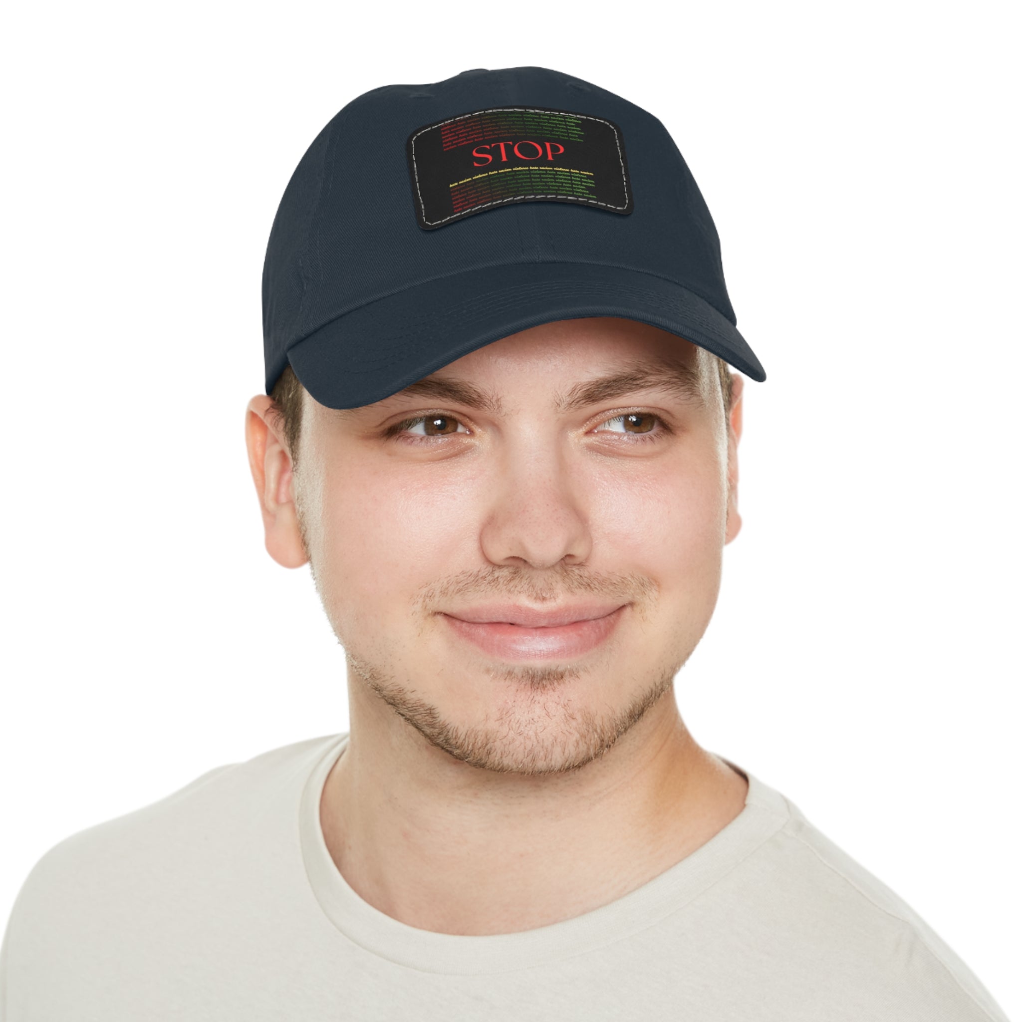 Leather Patch Dad Hat — 'STOP' Embossed Casual Baseball Cap