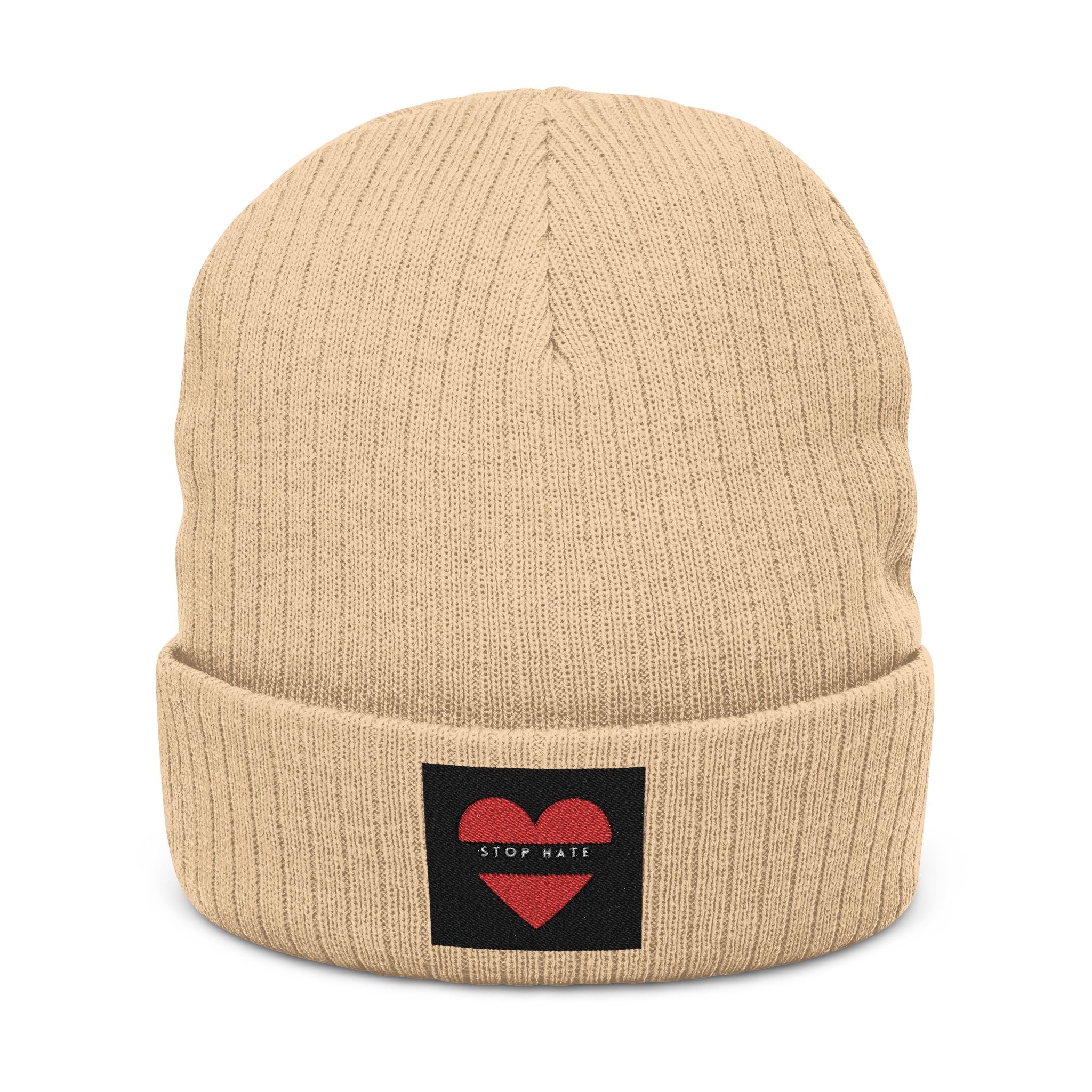 Embroidered Heart Patch Ribbed Knit Beanie — "Stay Nice"