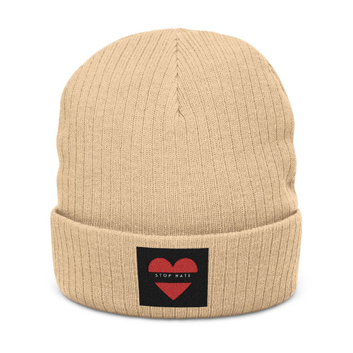 Embroidered Heart Patch Ribbed Knit Beanie — "Stay Nice"