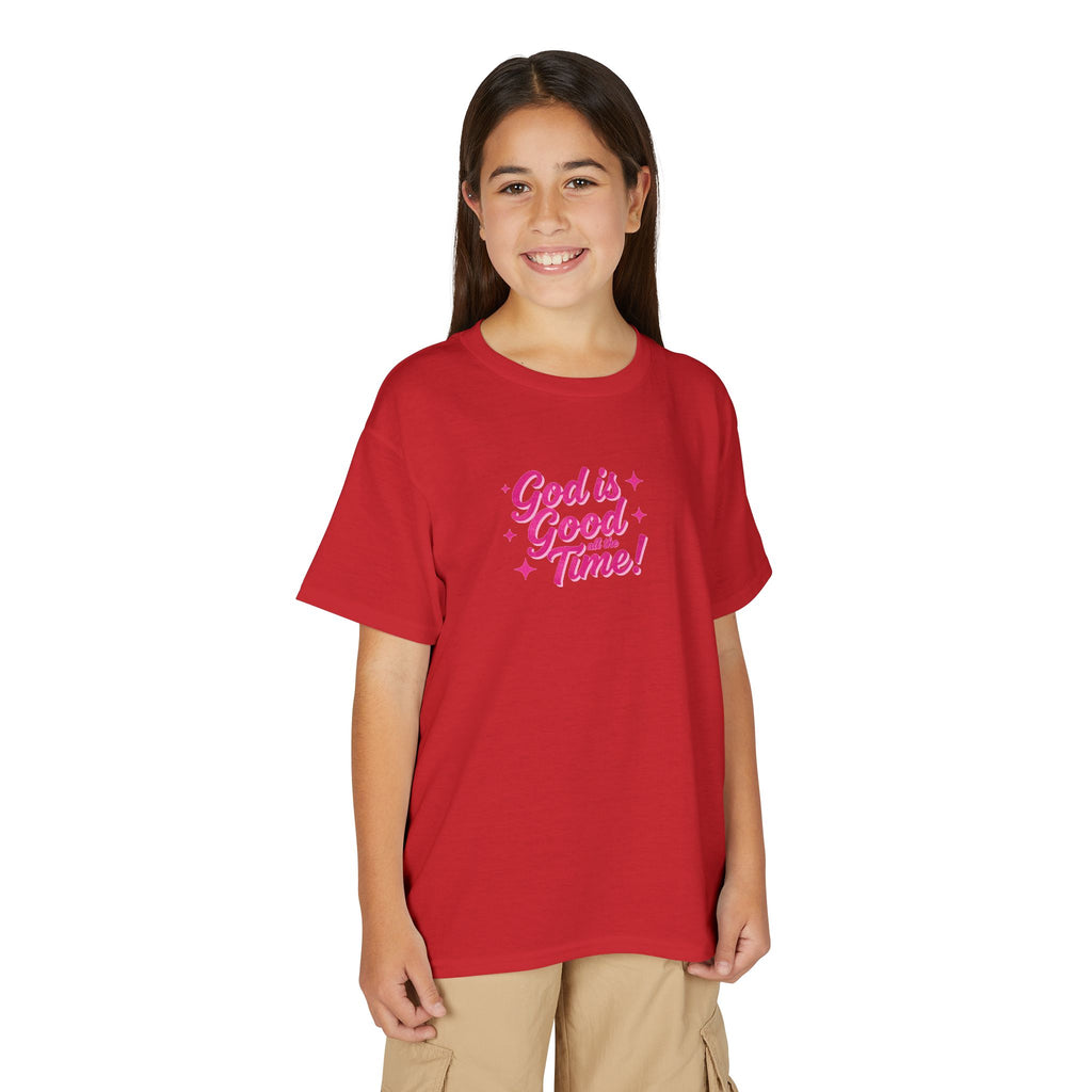 Youth T-Shirt — "God Is Good Time!" Pink Script Faith Tee