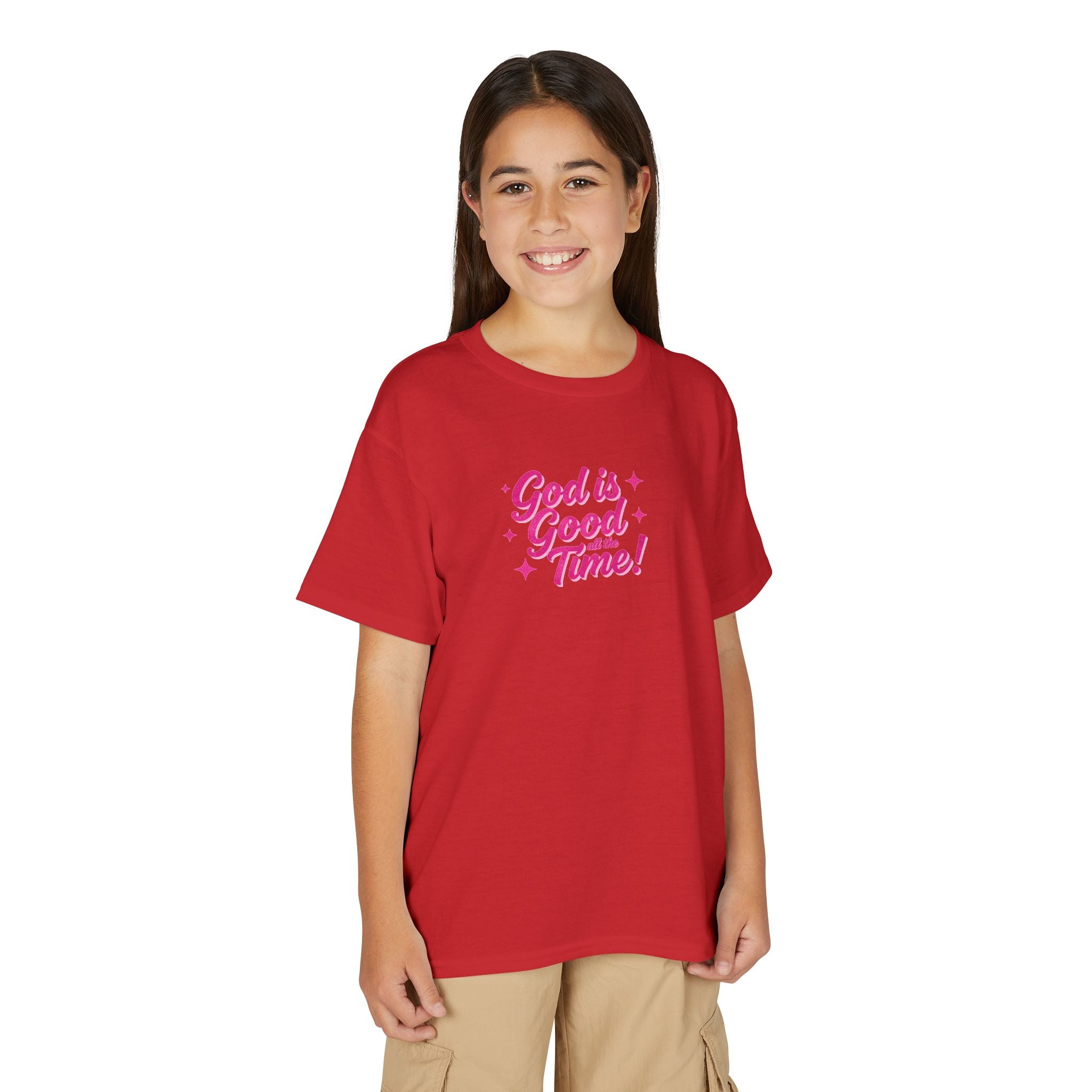 Youth T-Shirt — "God Is Good Time!" Pink Script Faith Tee