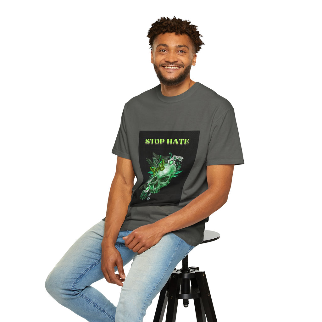 Stop Hate Skull T-Shirt — Green Floral Skull Graphic Tee