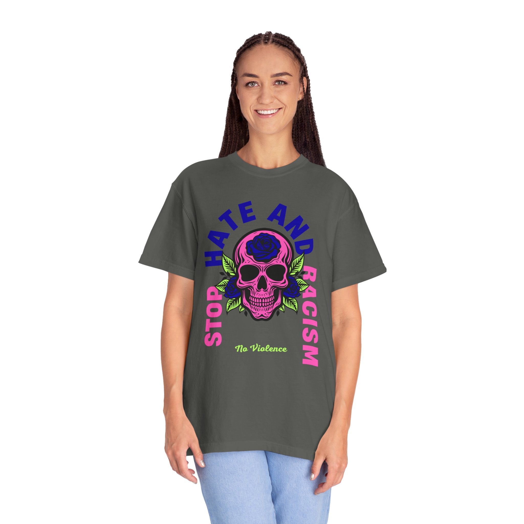 Stop Hate and Racism Skull T-Shirt — Anti-Racism Statement Tee