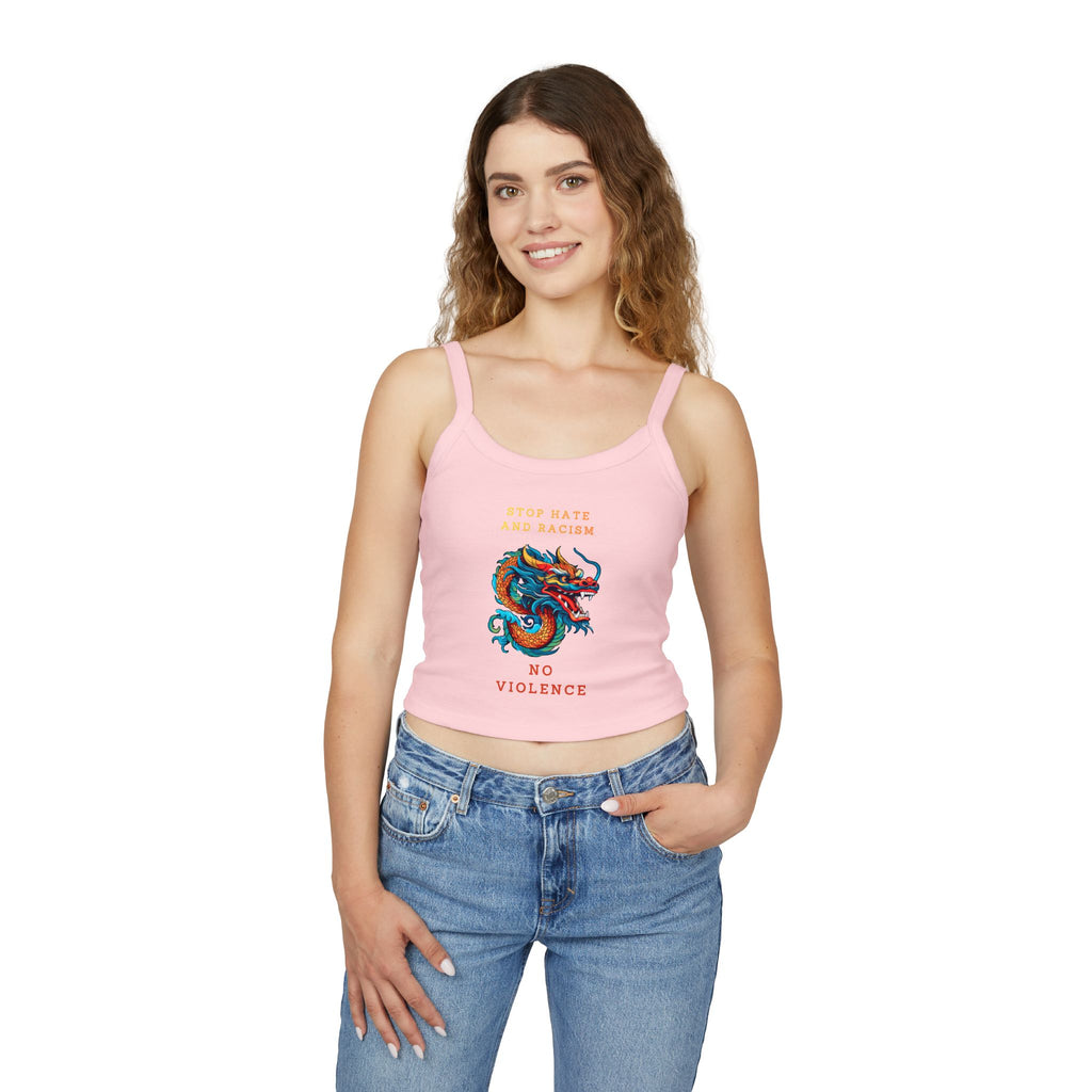 Tank Top — Colorful Dragon “Stop Hate and Racism / No Violence” Graphic Crop