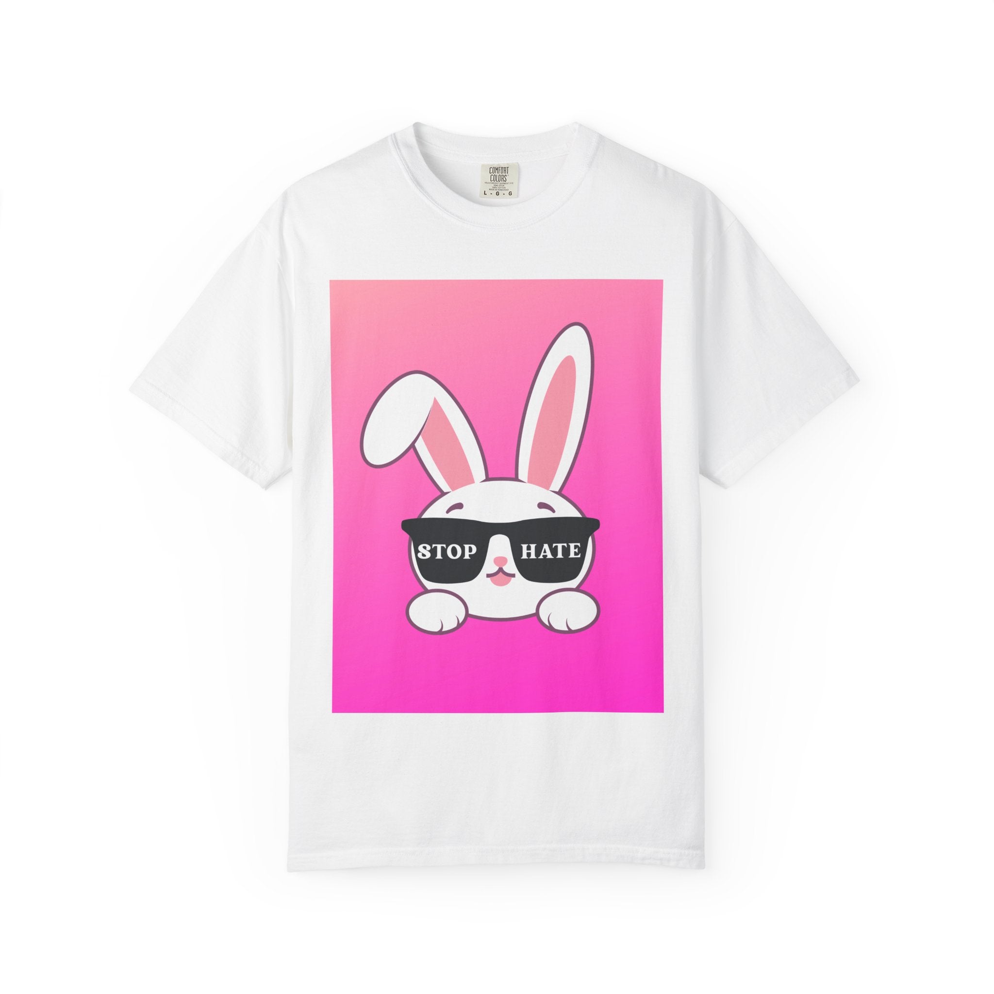 Stop Hate Bunny T‑Shirt — Pink Gradient Anti‑Hate Tee
