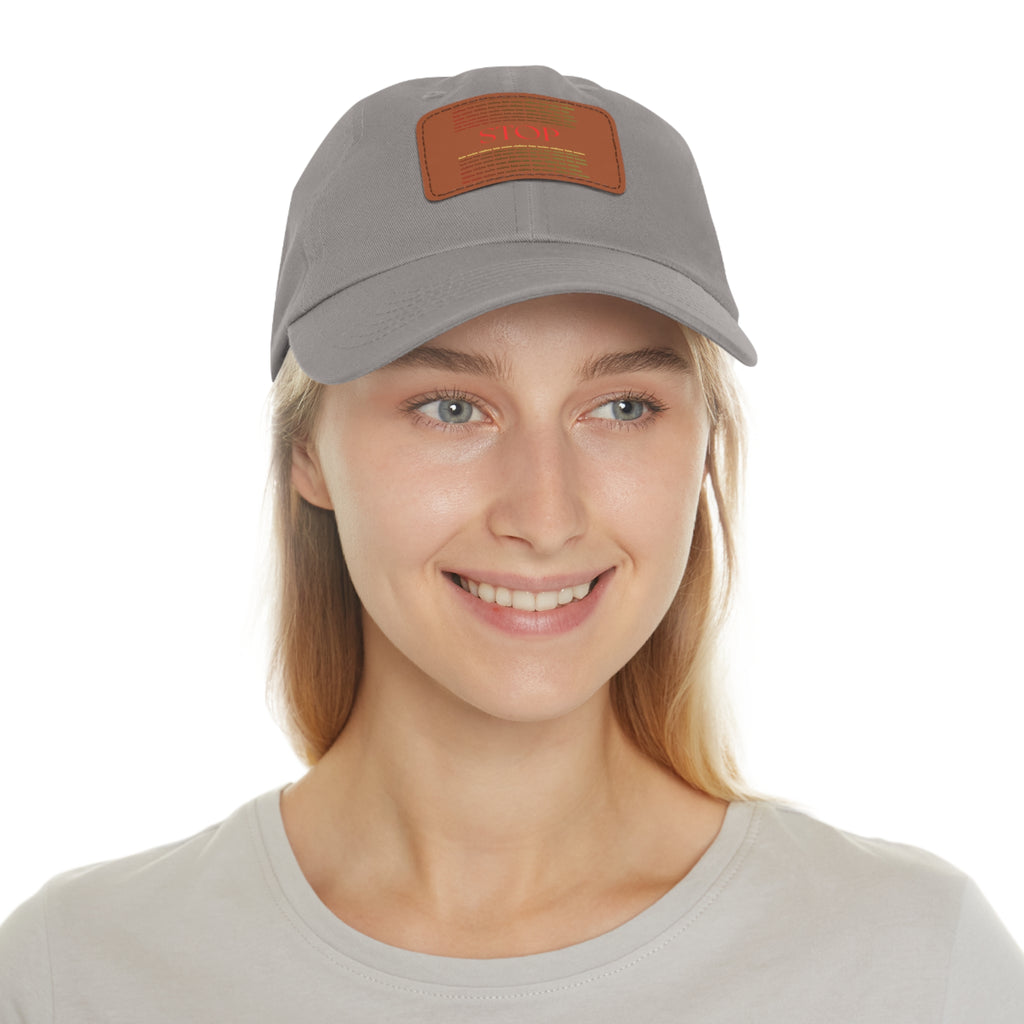 Leather Patch Dad Hat — 'STOP' Embossed Casual Baseball Cap