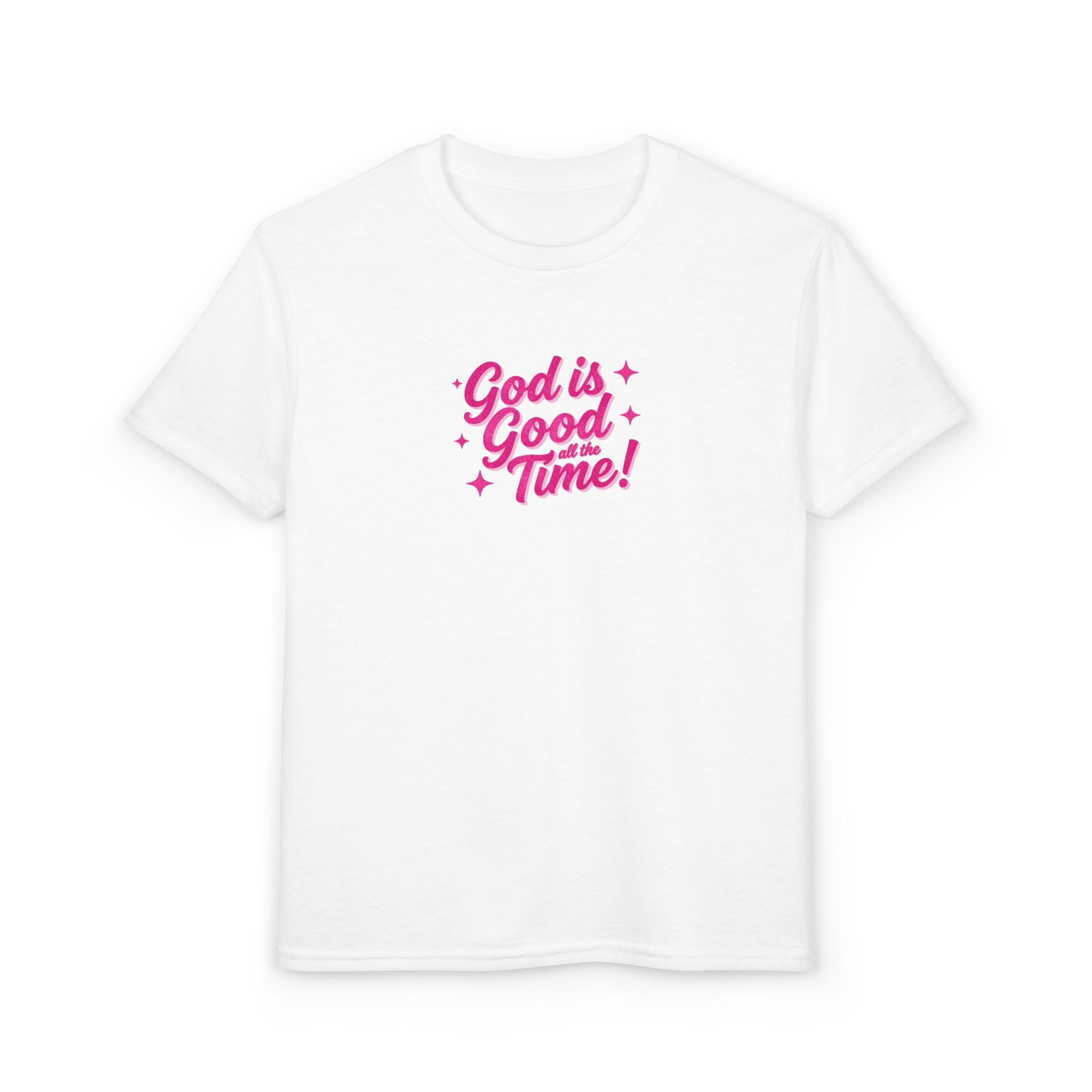 Youth T-Shirt — "God Is Good Time!" Pink Script Faith Tee