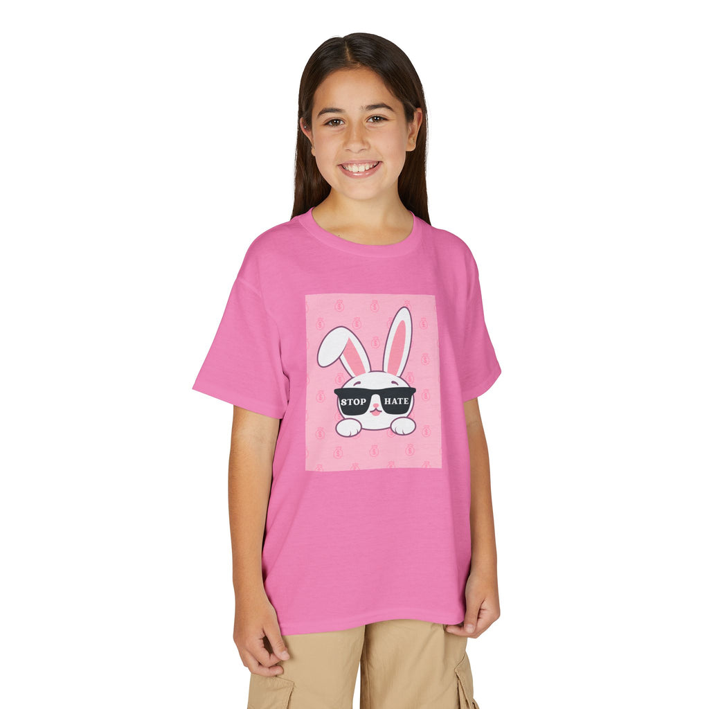 Youth T-Shirt — Pink Bunny Wearing "Stop Hate" Sunglasses Kids Tee
