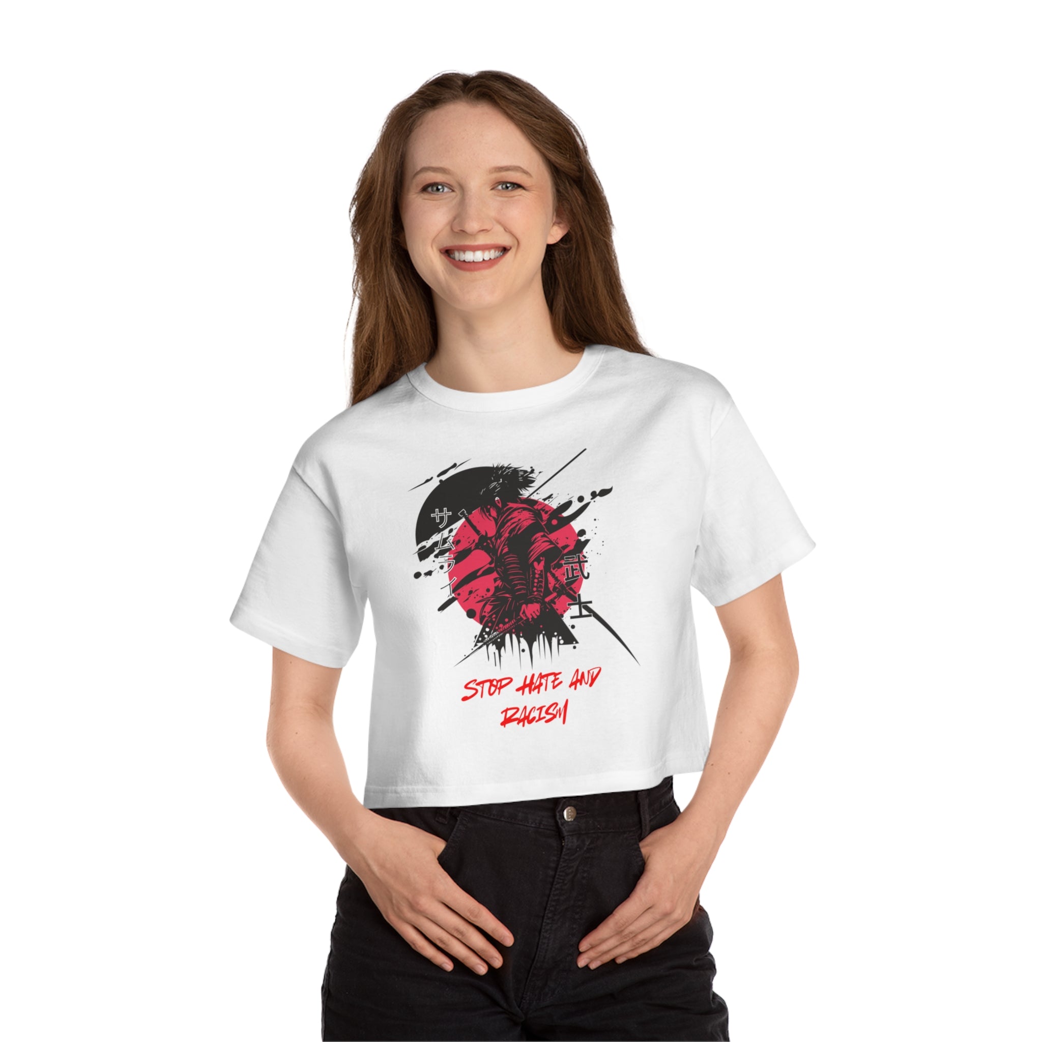 Cropped T-Shirt — "Stop Hate And Racism" Samurai Graphic