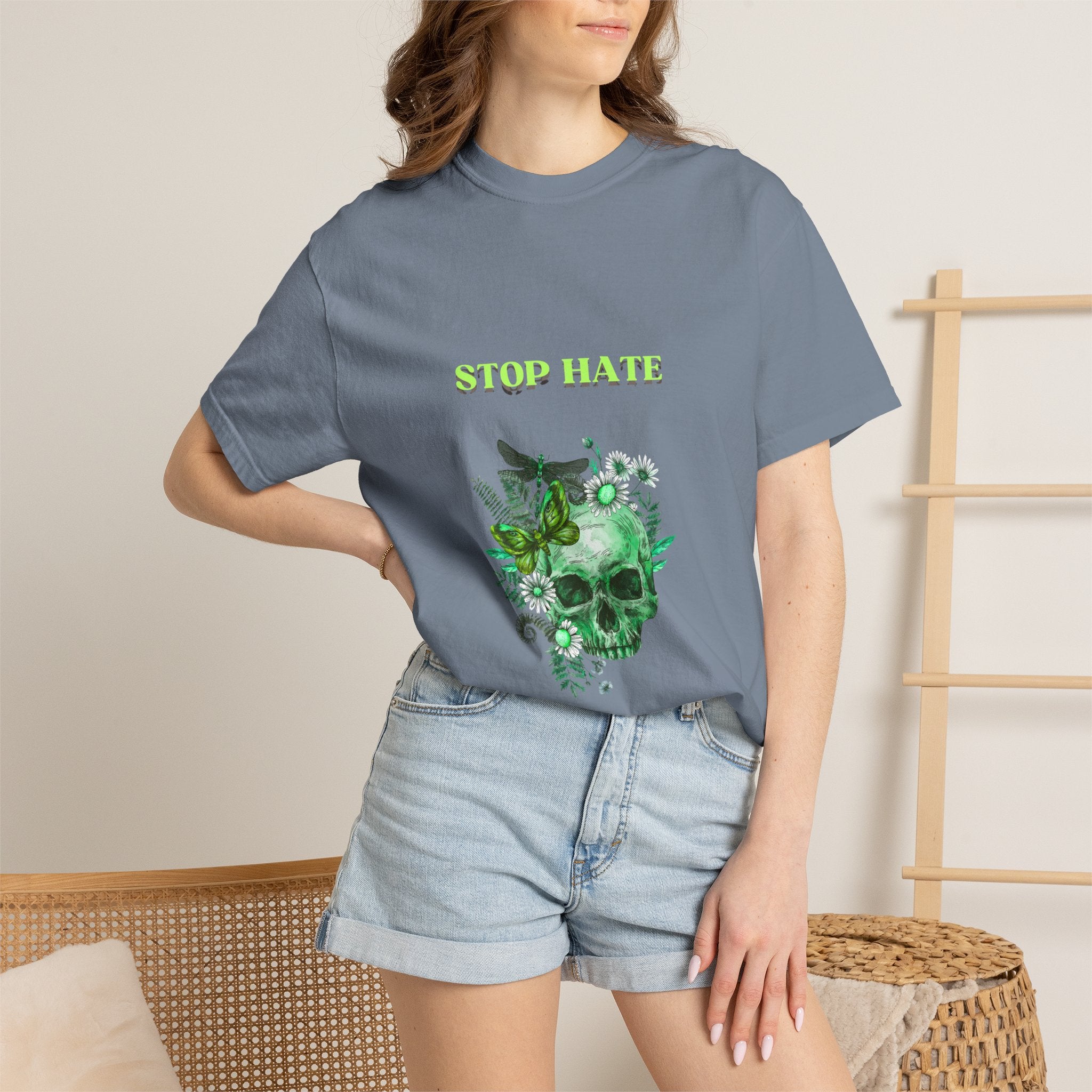 Stop Hate Skull T-Shirt — Green Floral Skull Graphic Tee