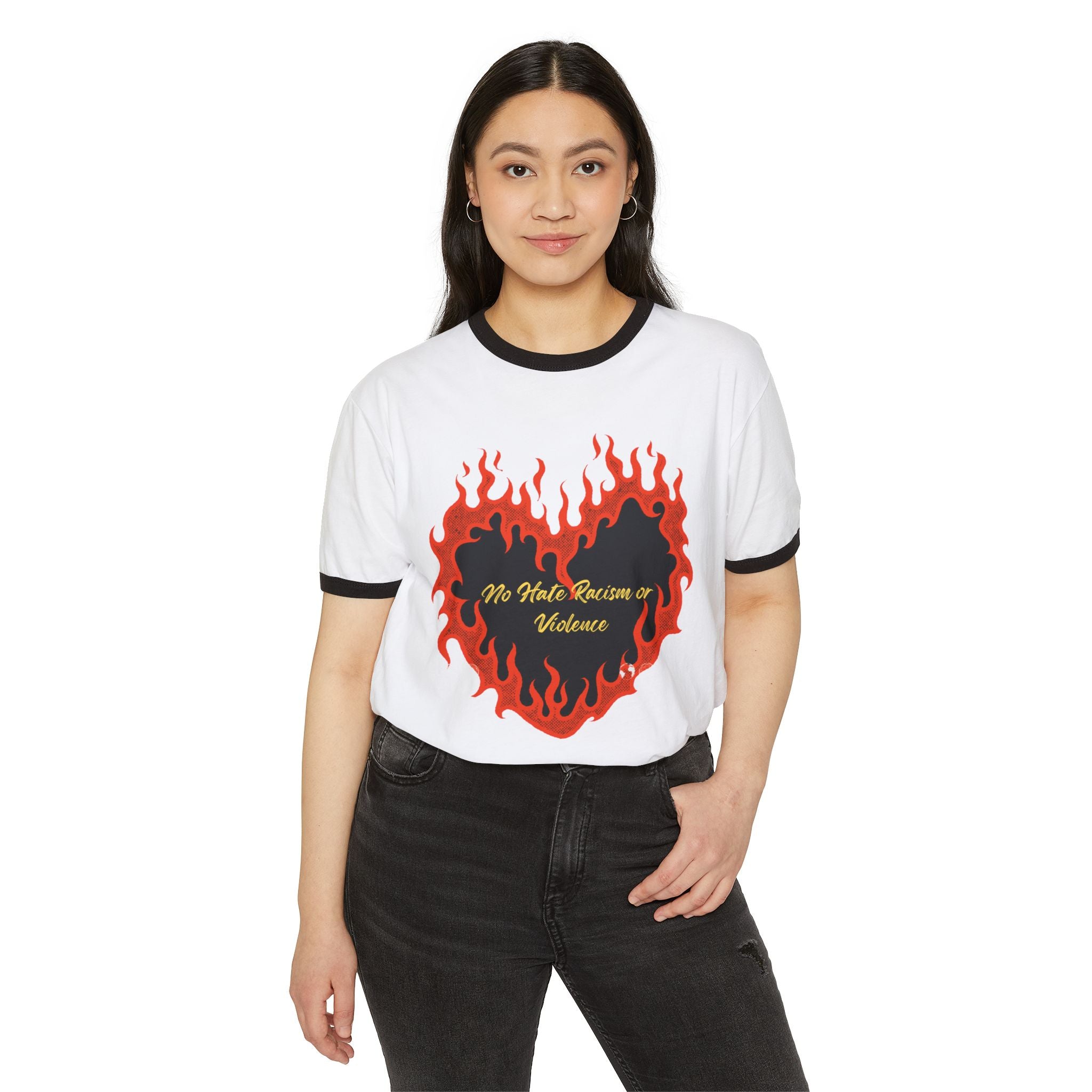 Ringer T-Shirt - Flaming Heart "No Hate, Racism or Violence" Graphic