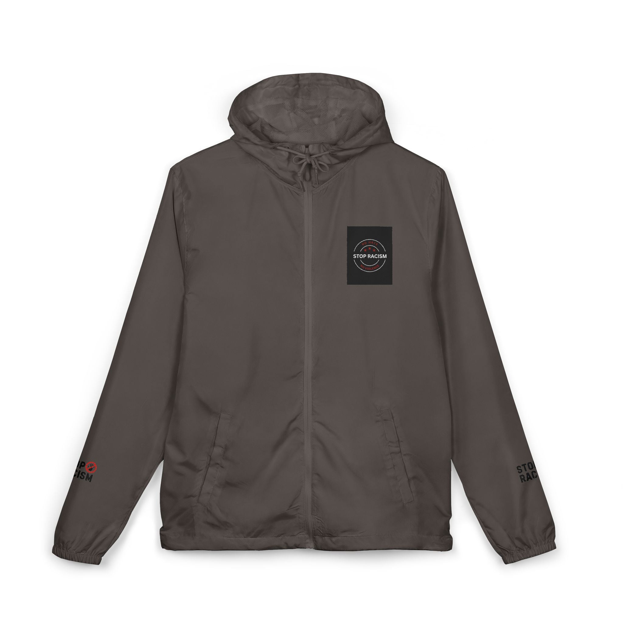 Windbreaker Jacket — Minimal White Camo Hooded Windbreaker with Small Chest Patch & Sleeve Logos