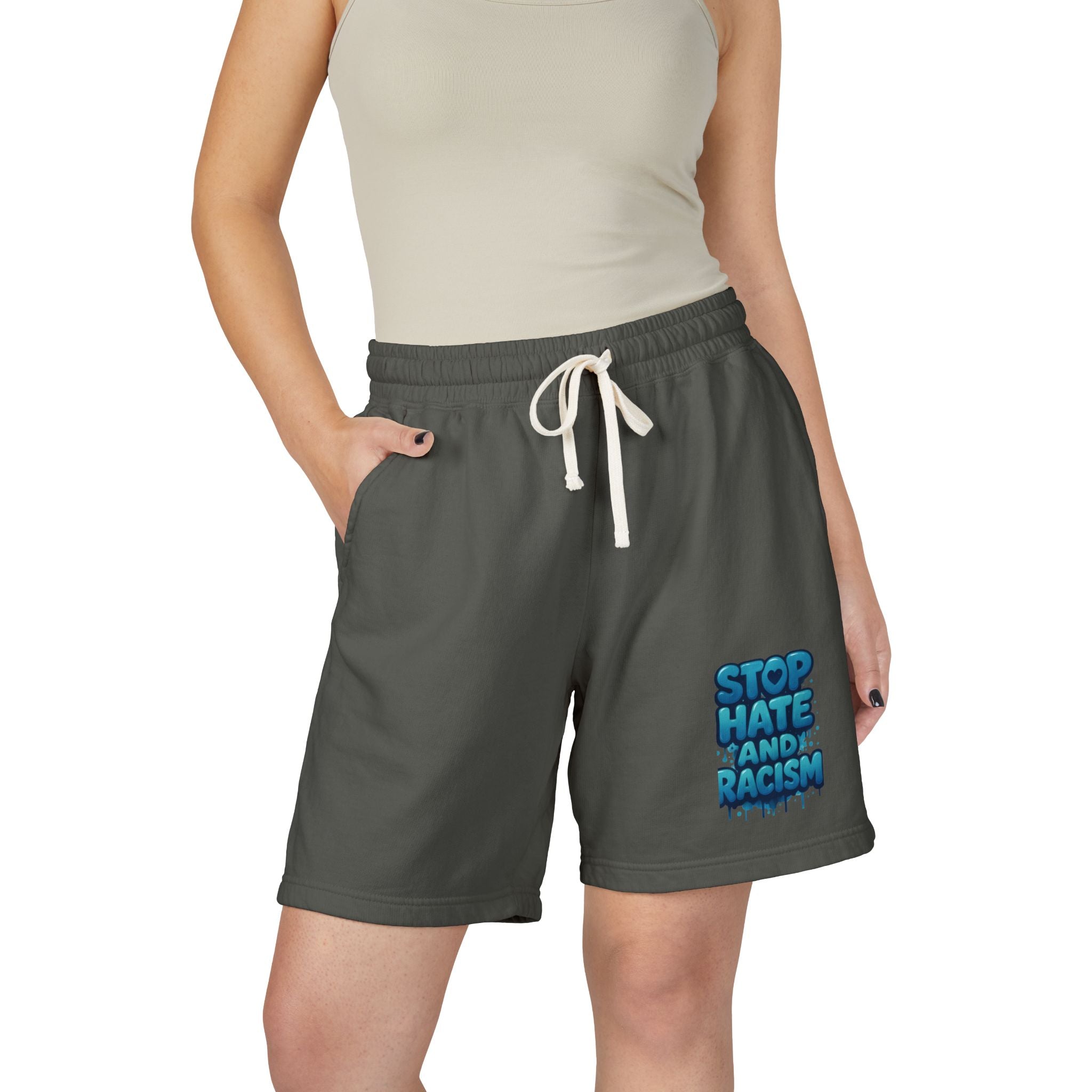 Stop Hate and Racism Fleece Sweat Shorts — Garment-Dyed Lightweight Lounge Shorts