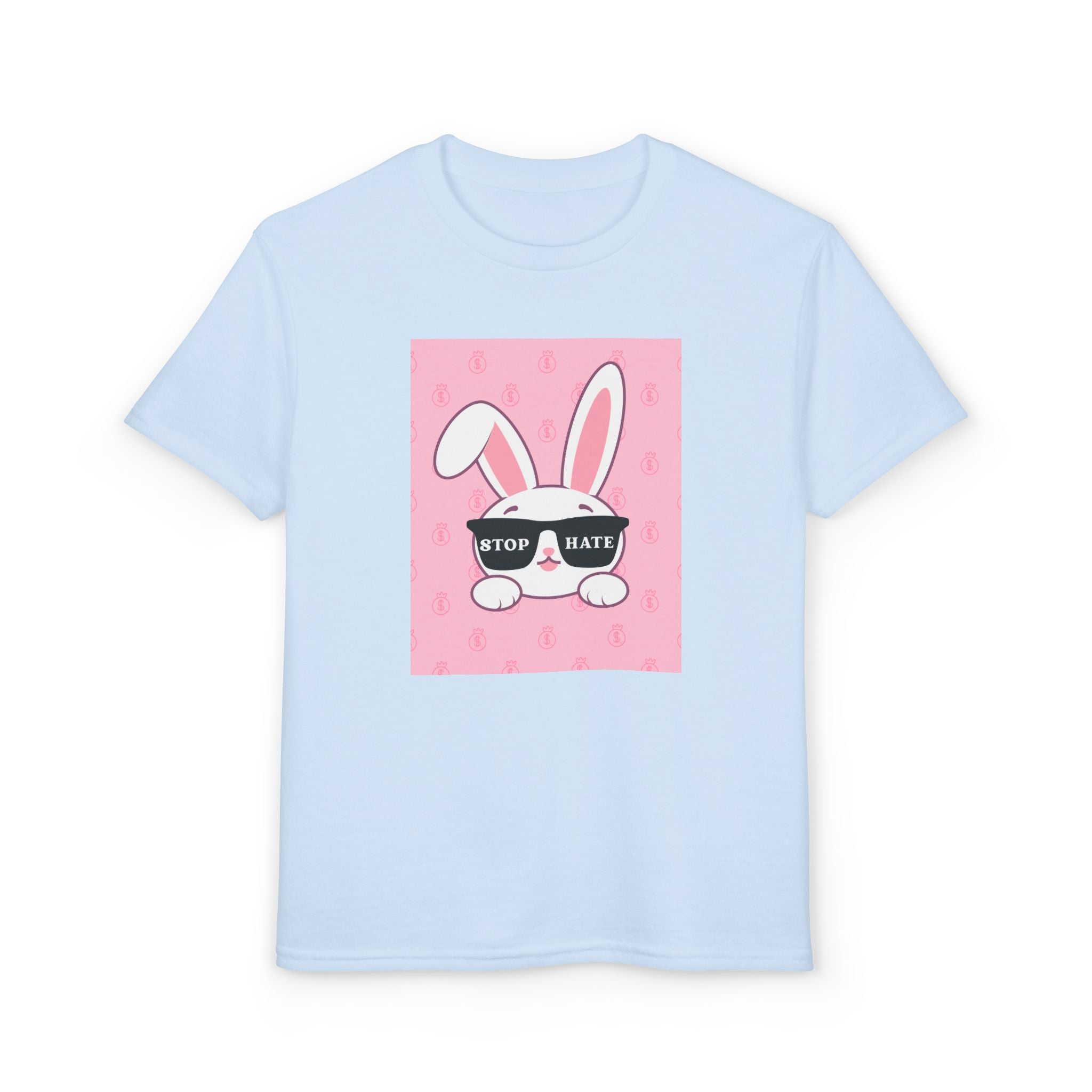 Youth T-Shirt — Pink Bunny Wearing "Stop Hate" Sunglasses Kids Tee