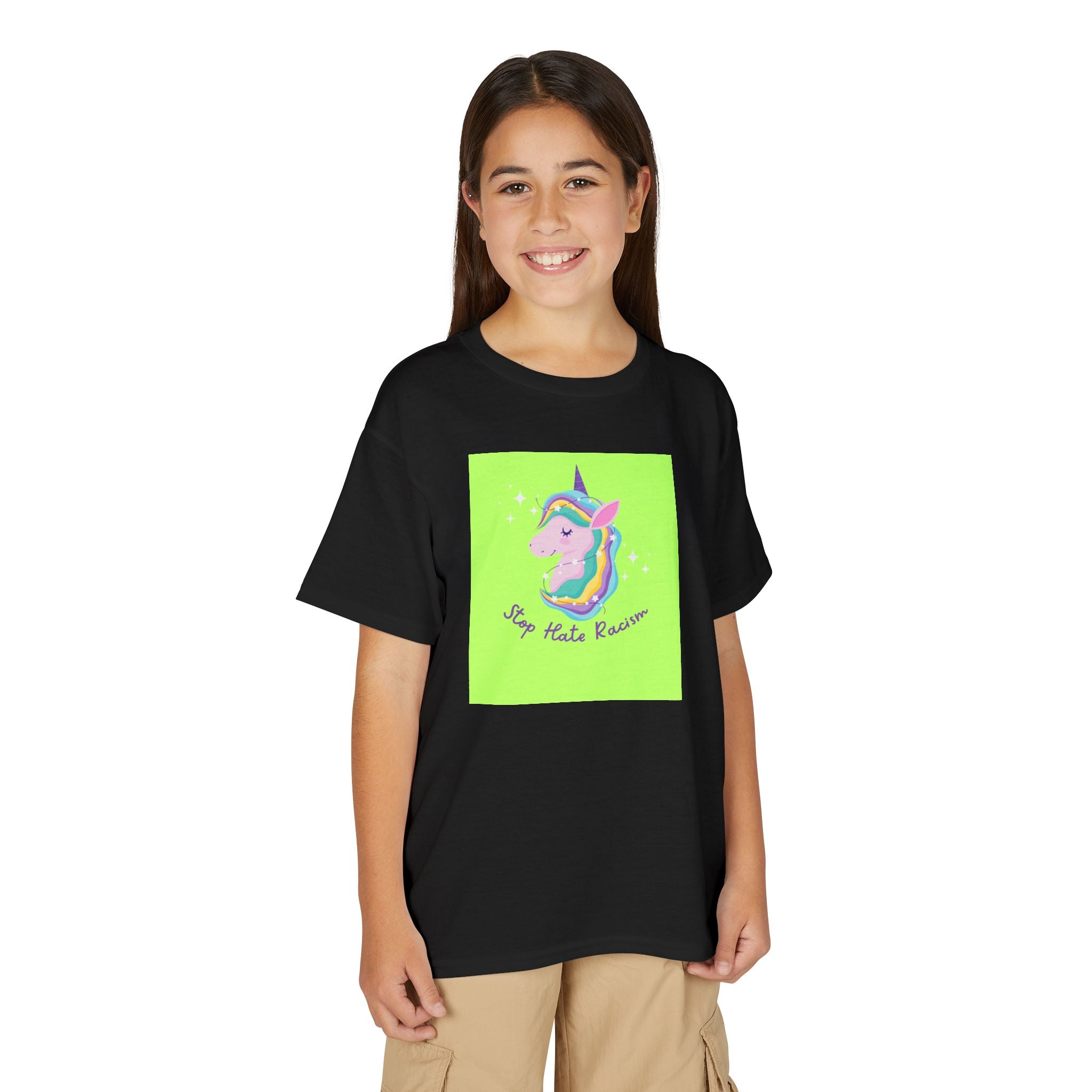 Youth T-Shirt — Rainbow Unicorn “Stop Hate Racism” Graphic