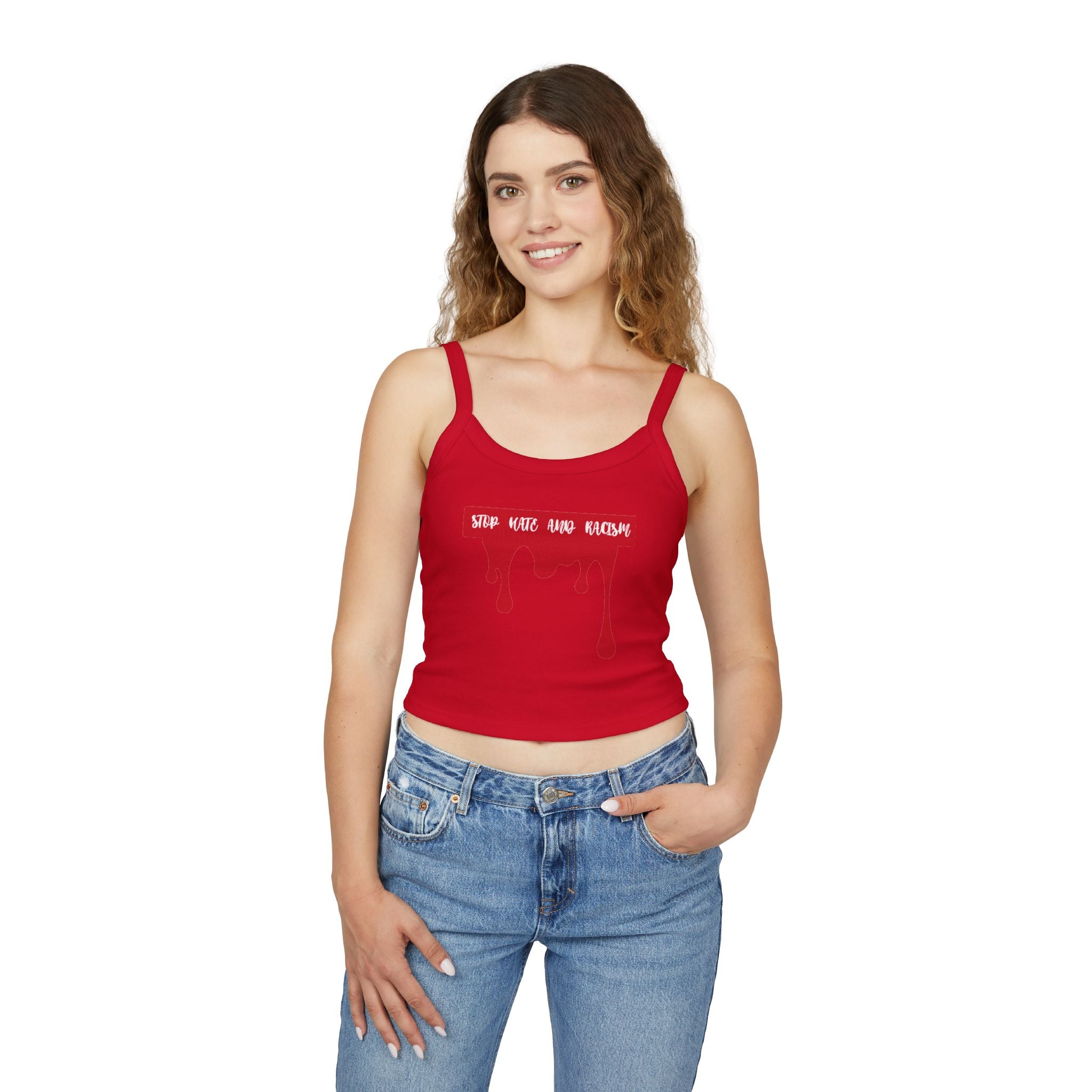 Stop Hate And Racism Spaghetti Strap Tank Top — Anti-Racism Graphic Crop