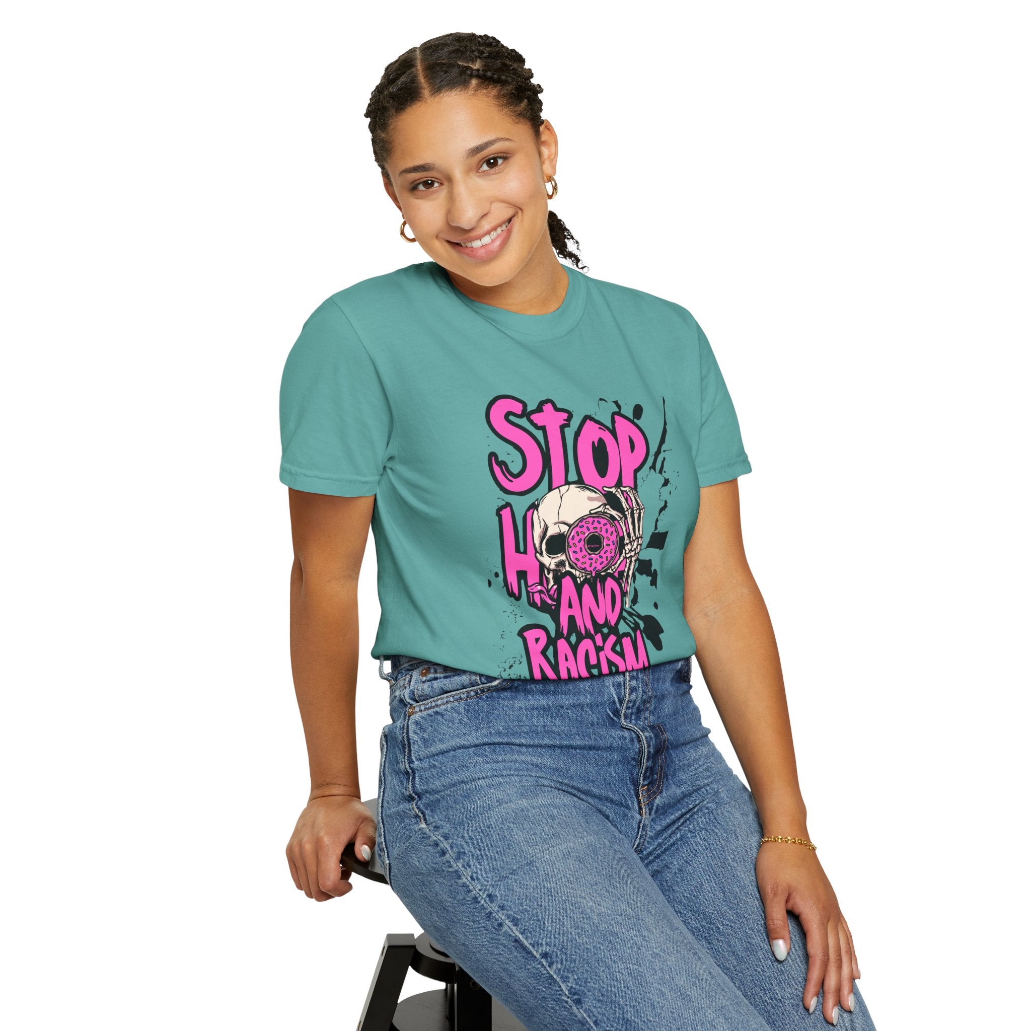 Stop H8 and Racism Graphic Tee — Anti-Racism Skull Donut Protest T-Shirt