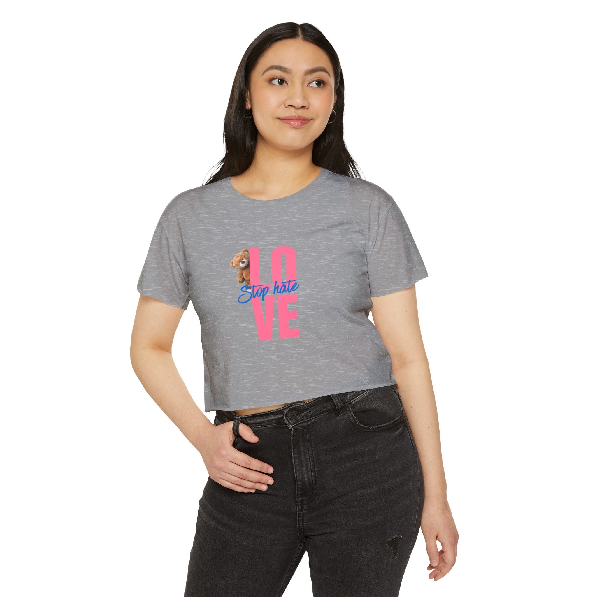 LOVE Festival Crop Top — 'Stop Hate' Pink Teddy Graphic