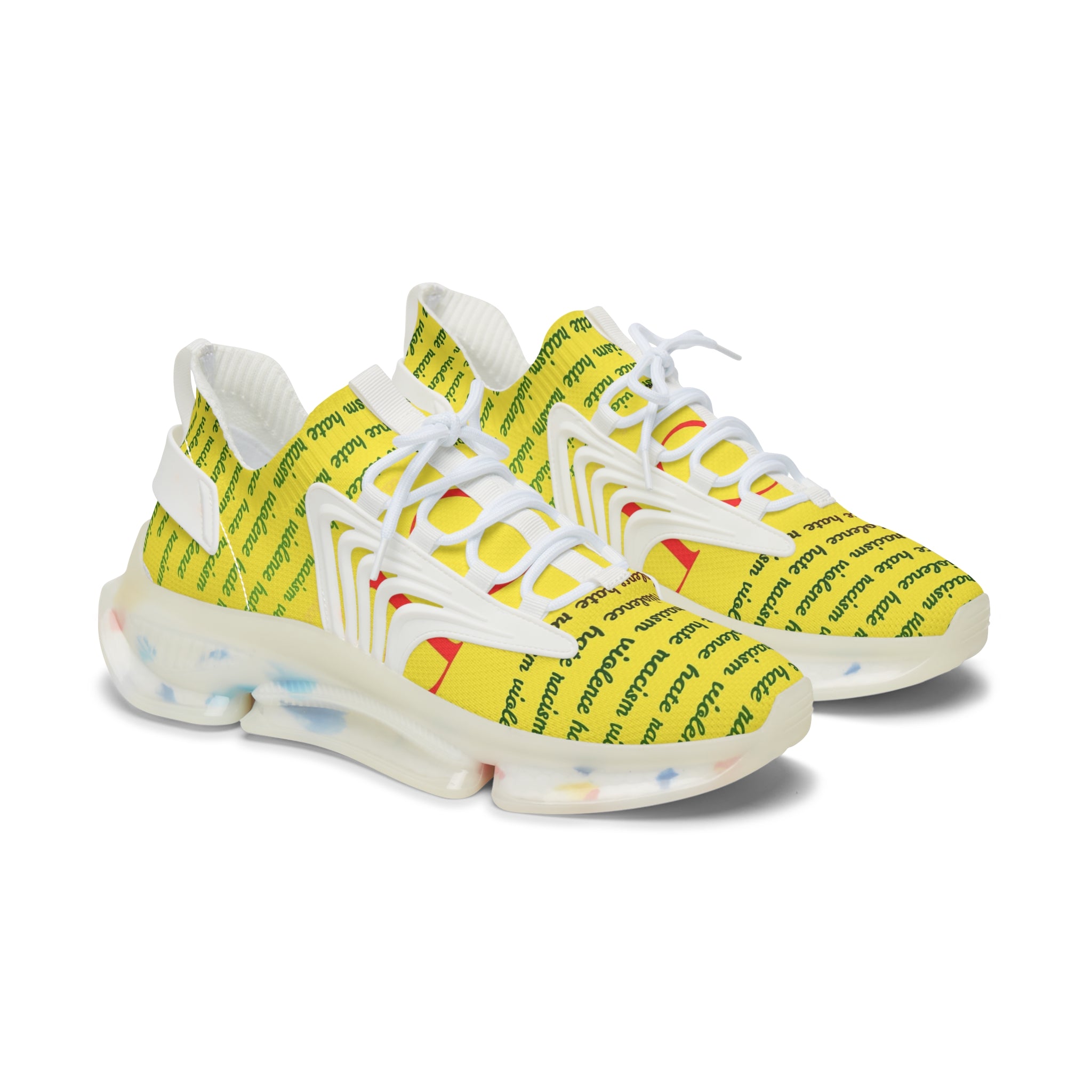 Women's Mesh Sneakers — Yellow 'hate' Pattern Breathable Fashion Runner