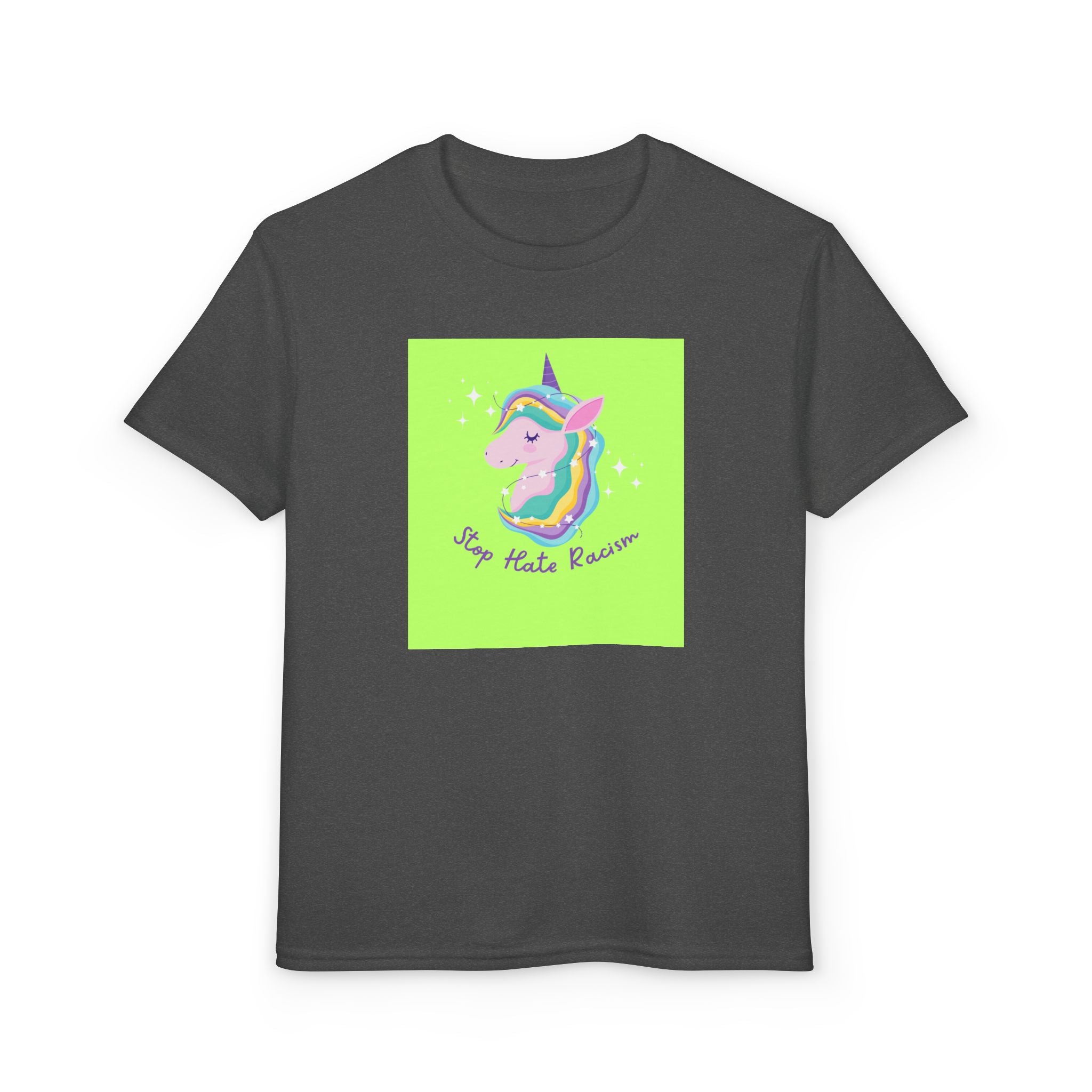 Youth T-Shirt — Rainbow Unicorn “Stop Hate Racism” Graphic